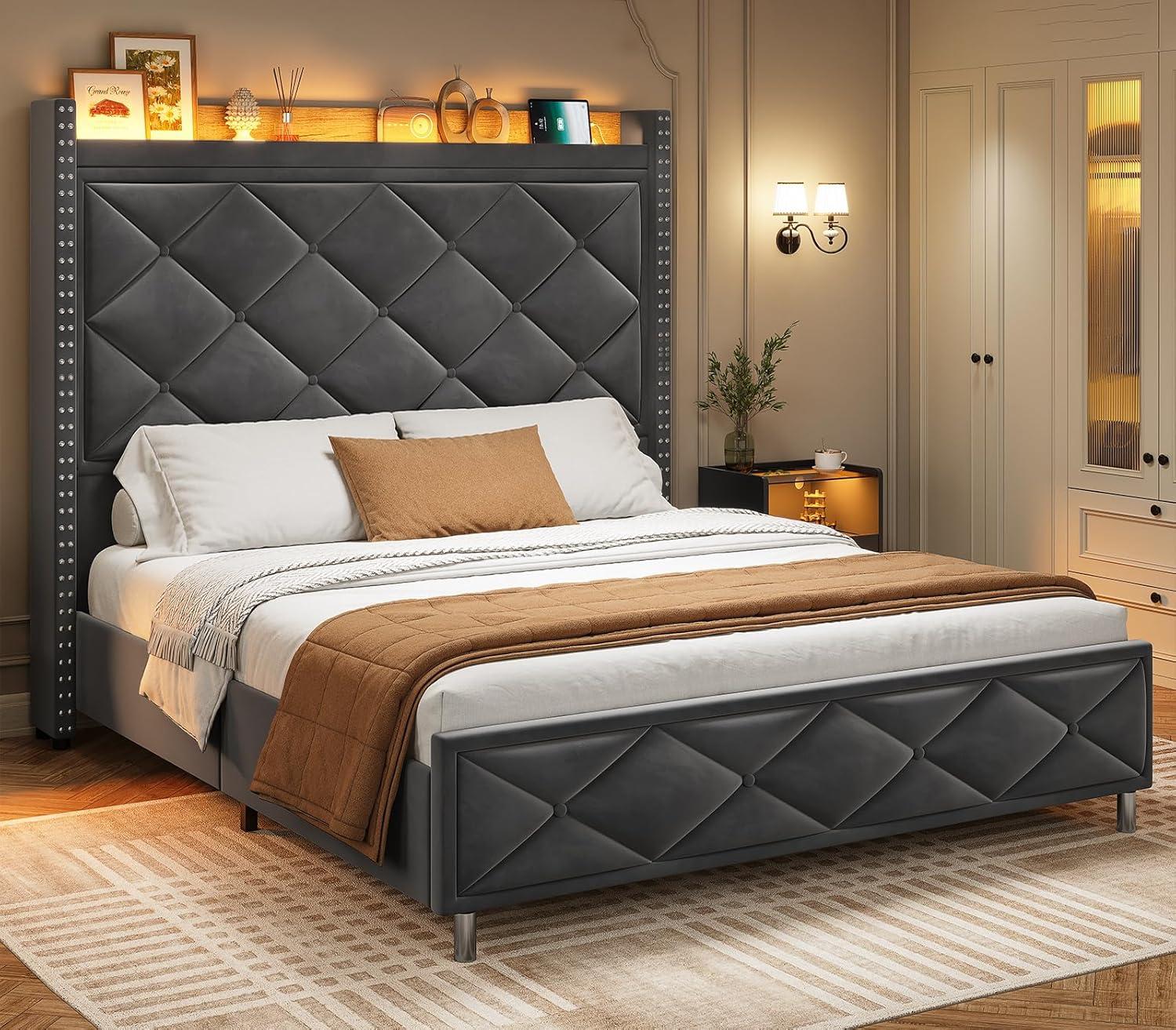 AOGLLATI Queen Bed Frame with Tall Storage Headboard,Charging Station,Upholstered Led Bed Frame Queen Size with Wooden Slats Support, No Box Spring Needed, Dark Gray