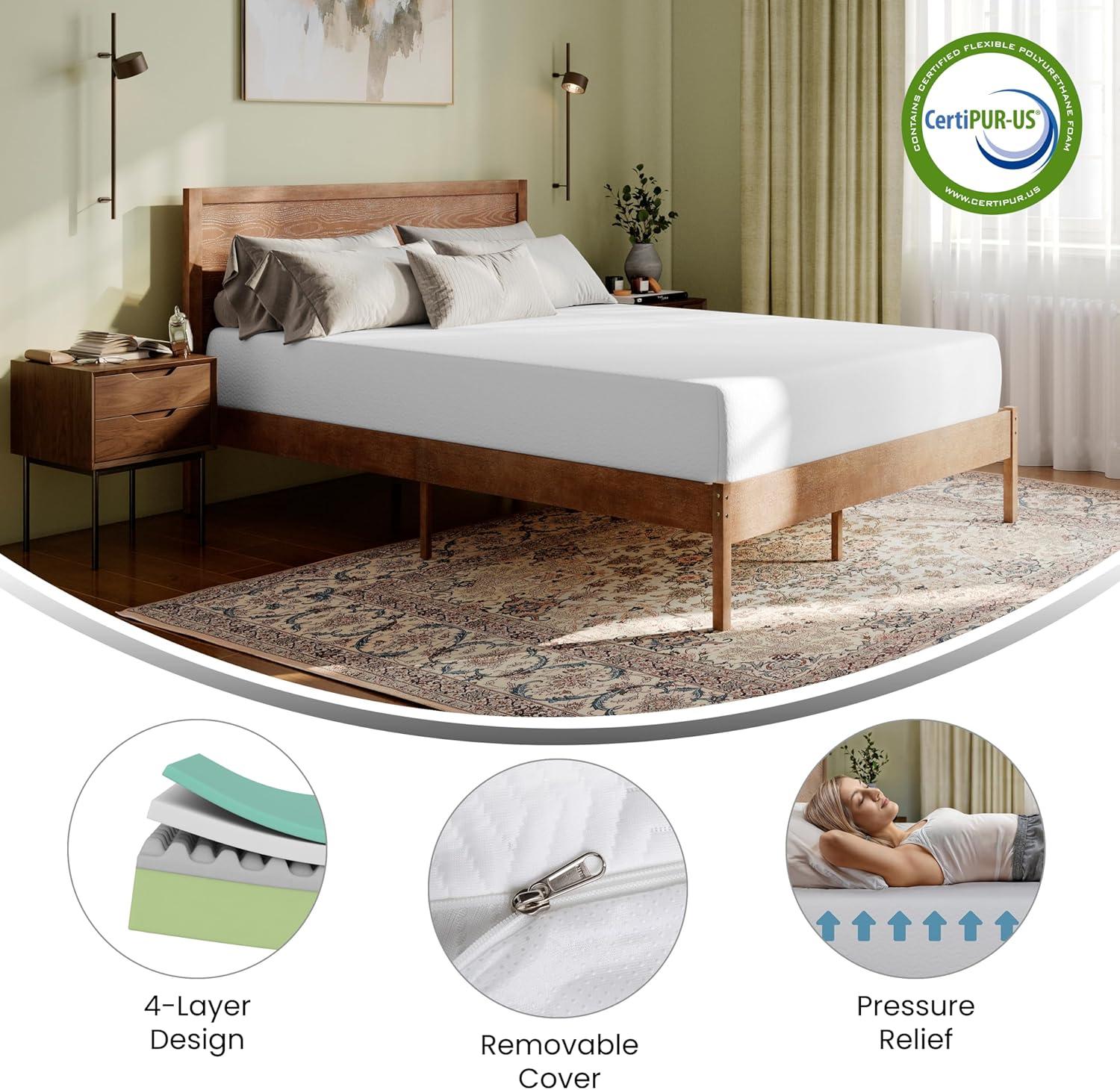 Flash Furniture Cloud Green Tea Cooling Gel 4-Layer Memory Foam Mattress in a Box with CertiPUR-US Certification, Washable Cover, and Pressure Relief