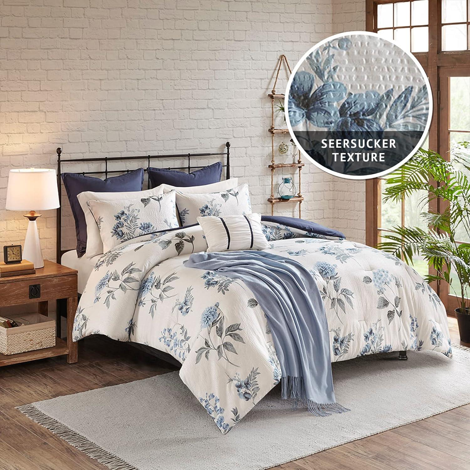 Zennia 7 Piece Seersucker Floral Comforter Set with Throw Blanket