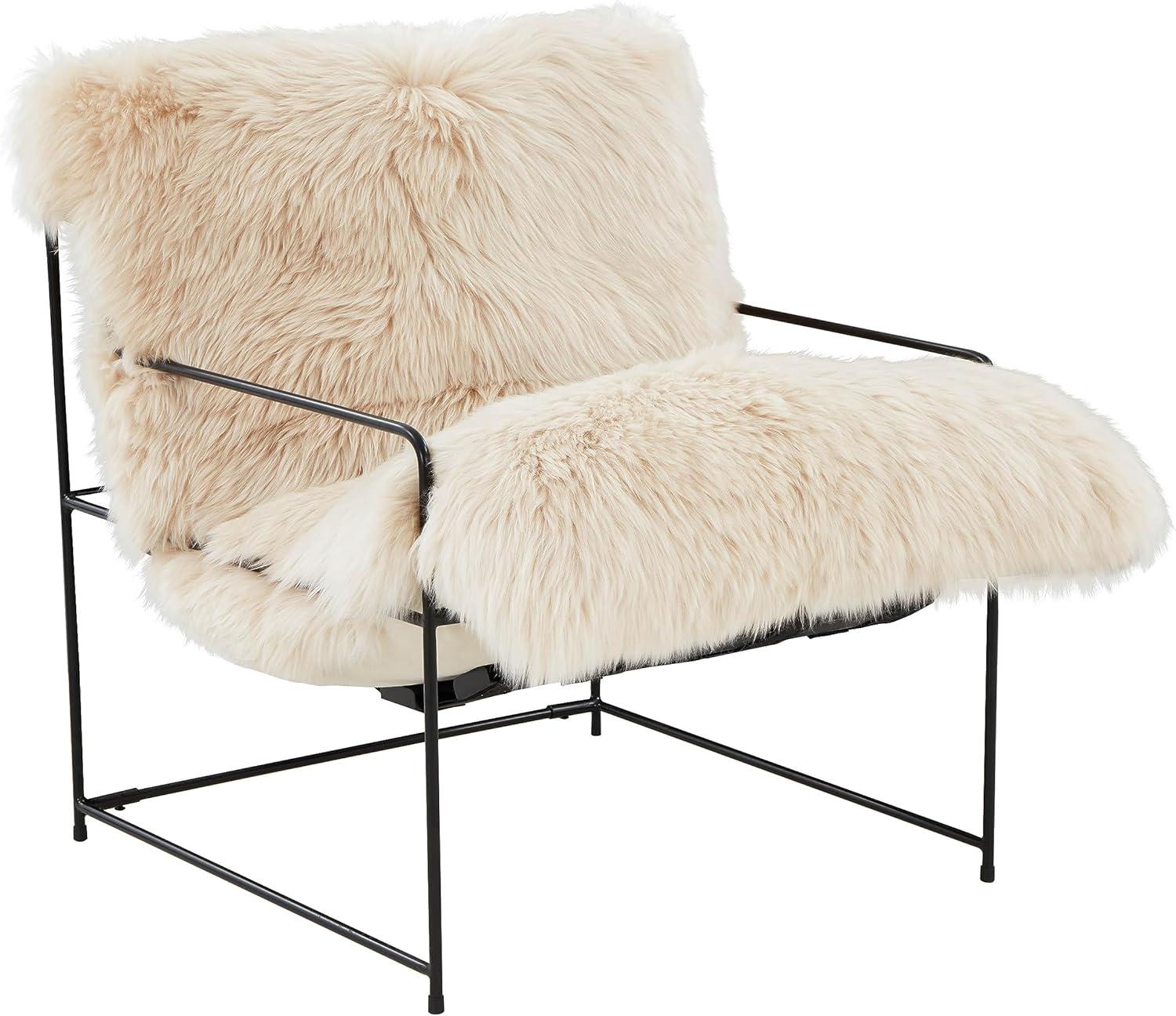 Natural White Sheepskin and Iron Accent Chair