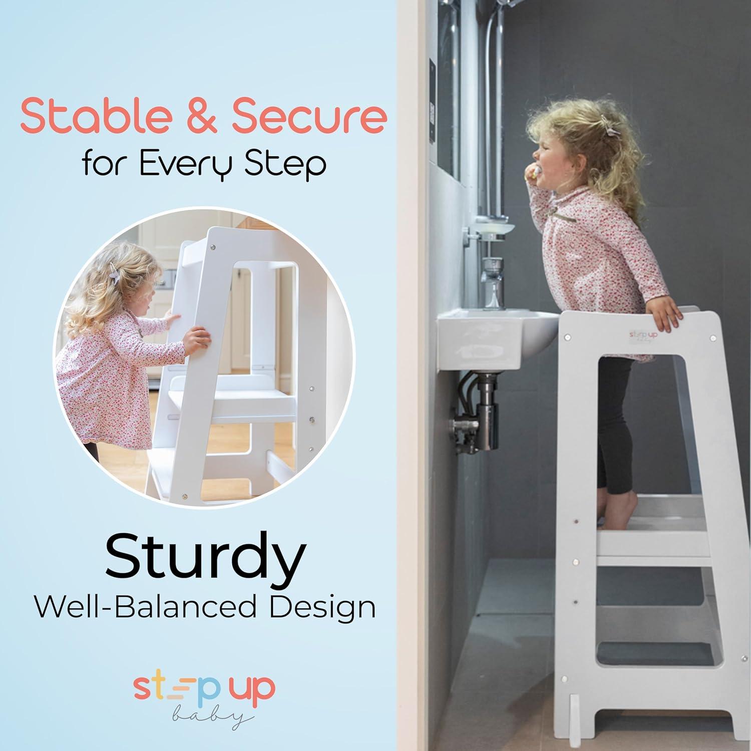 Stepup Baby Toddler Tower with Adjustable Step, White Montessori-Inspired Toddler Step Stool, Standing Tower for Kids, Fits Under Kitchen Counters, Adjustable for 18 Month - 5 Years