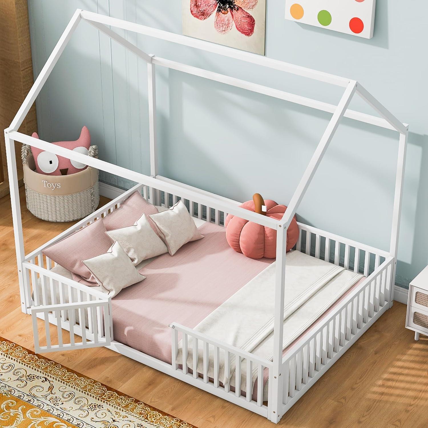 Bellemave Full Size Montessori House Bed for Kids, Metal Floor Beds with Fence Railings & Door, Twin Playhouse Bed for Boys Girls, Box Spring Needed, White