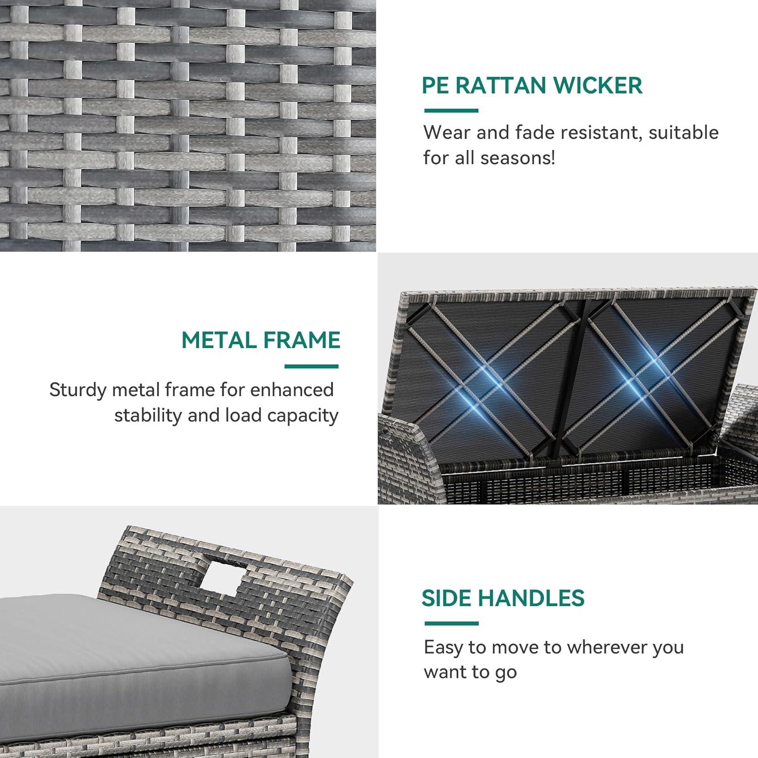 Gray Wicker and Polyethylene Outdoor Storage Bench with Cushion