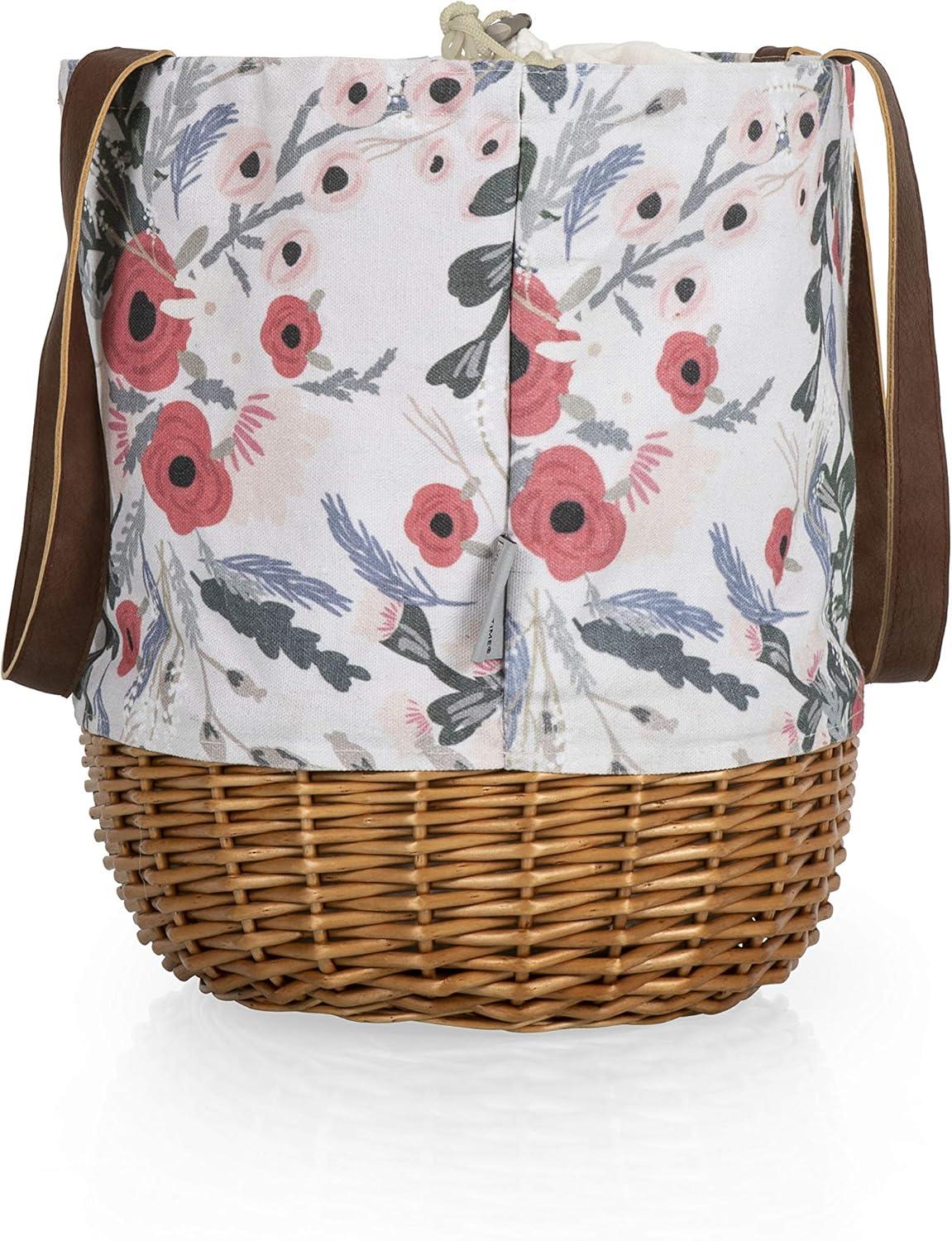 Picnic Time Coronado Canvas and Willow Basket Tote with Floral Pattern