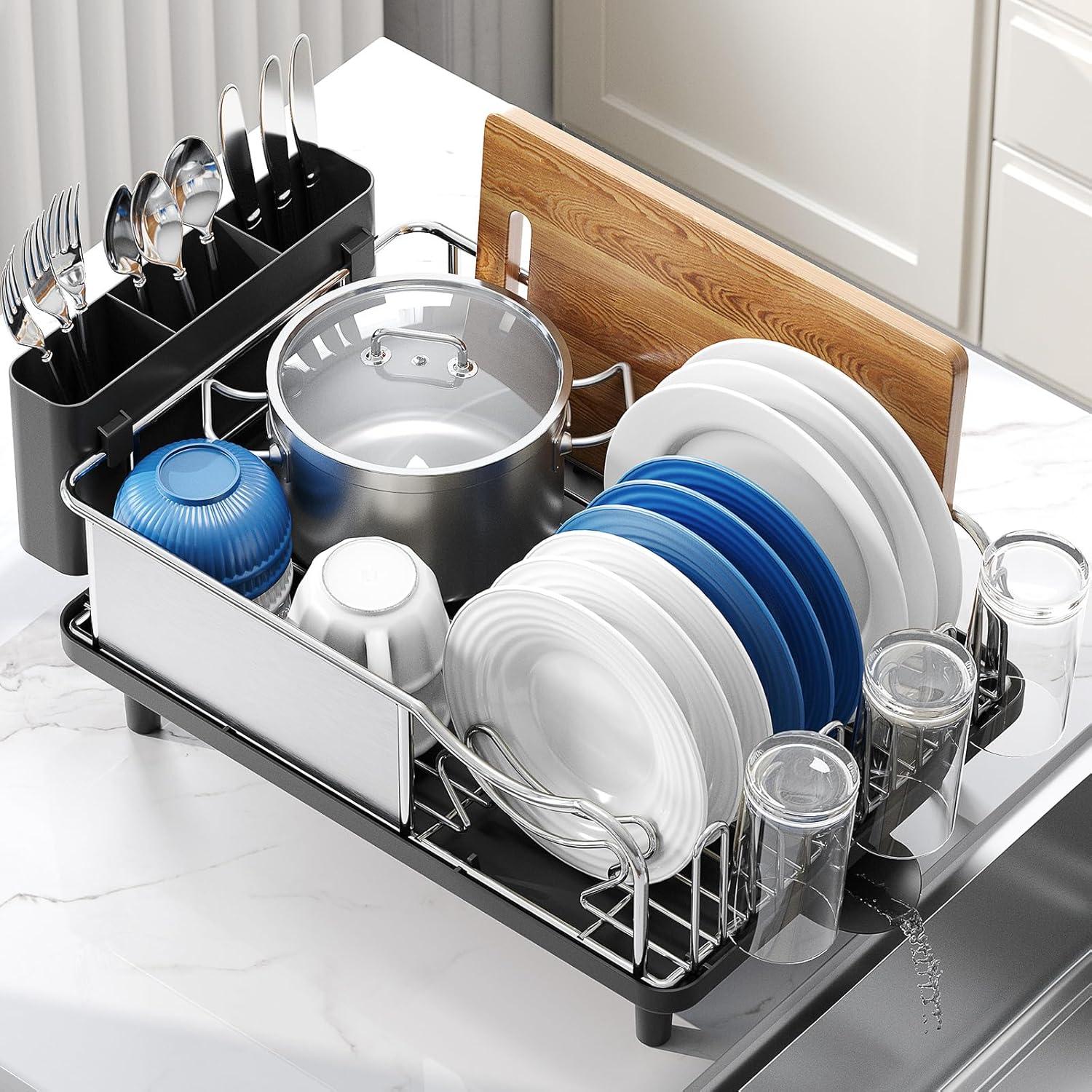 Large Black Stainless Steel Dish Drying Rack with Utensil Cup