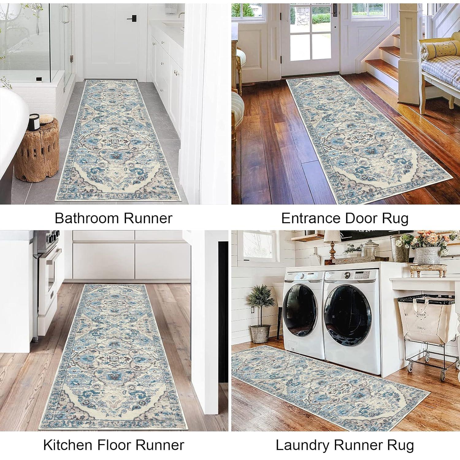 ZACOO 2' x 6' Machine Washable Runner Rug Traditional Area Rugs Carpet Farmhouse Foldable Accent Rug for Hallway Kitchen, Blue
