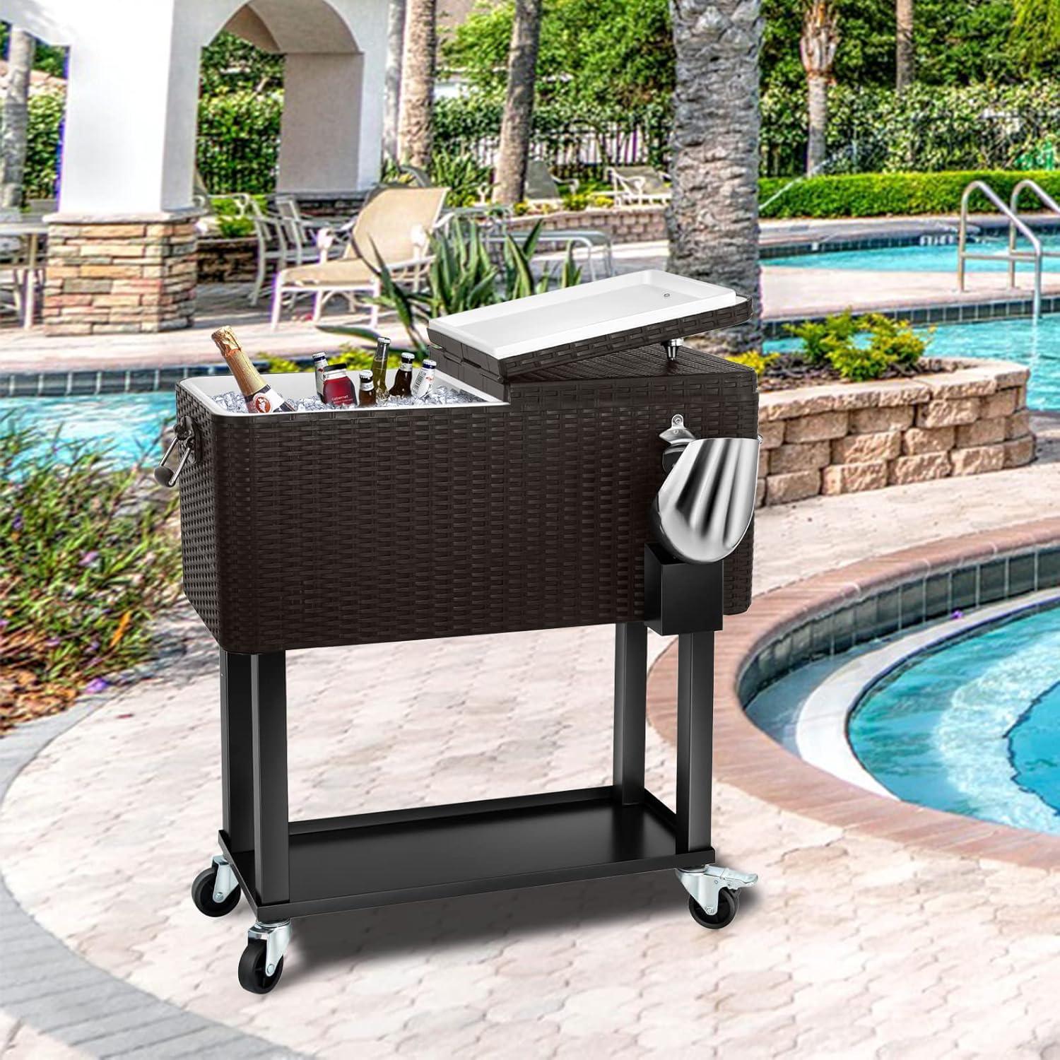 Bring Home Furniture Outdoor 80 Qt Rolling Cooler Cart, with Bottle Opener + Storage Shelf Camping Beverage Ice Chest