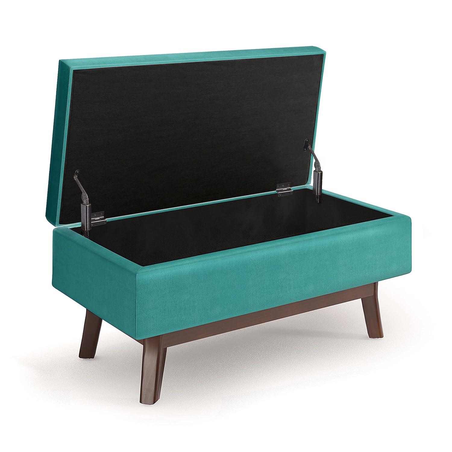Simpli Home Owen 36 inch Wide Mid Century Modern Rectangle Small Rectangular Storage Ottoman in Aqua Blue Velvet Fabric