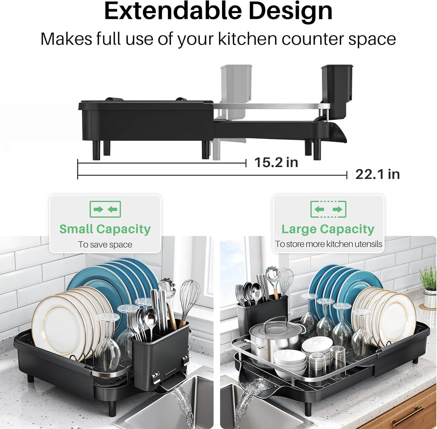Fabhob Expandable Dish Rack for Kitchen Counter, Stainless Steel Dish Drainer with Drainboard Set and Utensil Holder