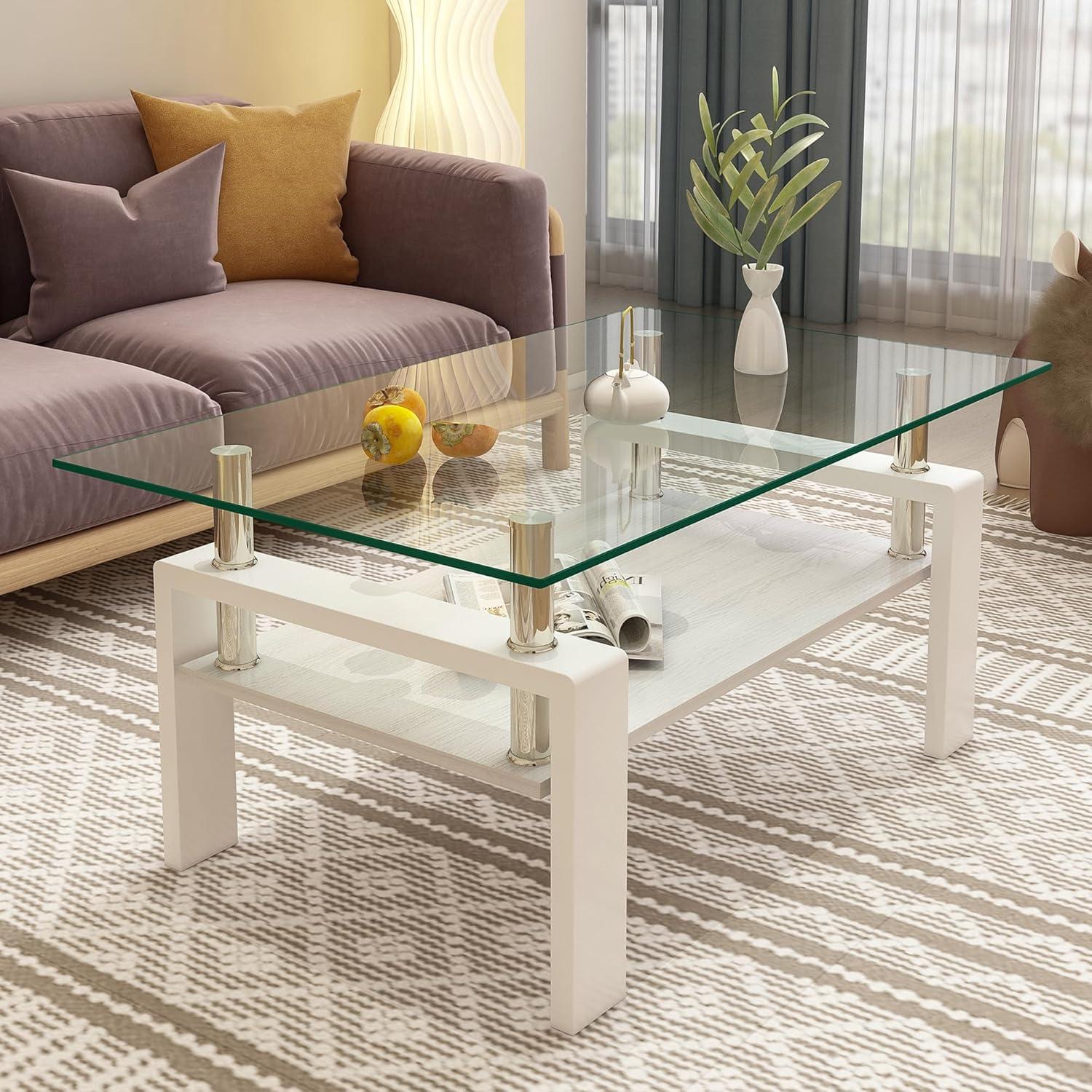Glass Coffee Table for Living Room, Rectangle Glass Coffee Table with Storage Shelf, Transparent Coffee Tabletop with White Metal Legs for Apartment, Office (Transparent Glass, White)