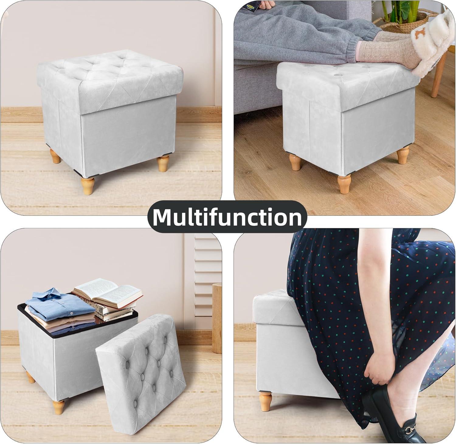 CAROLMADE Folding Storage Ottoman Cube Velvet Footstool with Wood Legs Ottoman Footrest for Living Room and Bedroom Brown, Grey 15"x12.6"x15.4”