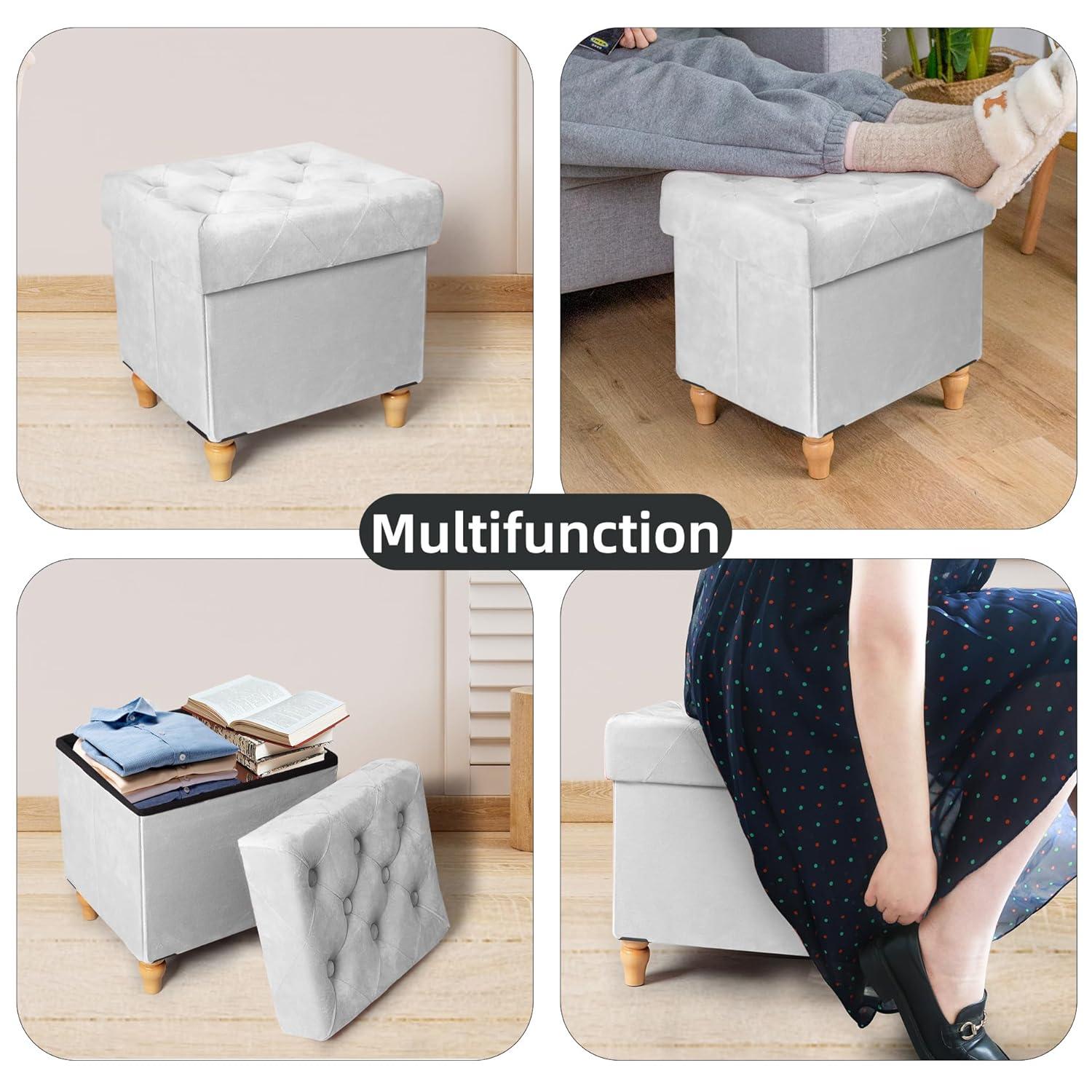 CAROLMADE Folding Storage Ottoman Cube Velvet Footstool with Wood Legs Ottoman Footrest for Living Room and Bedroom, Grey 15"x12.6"x15.4”