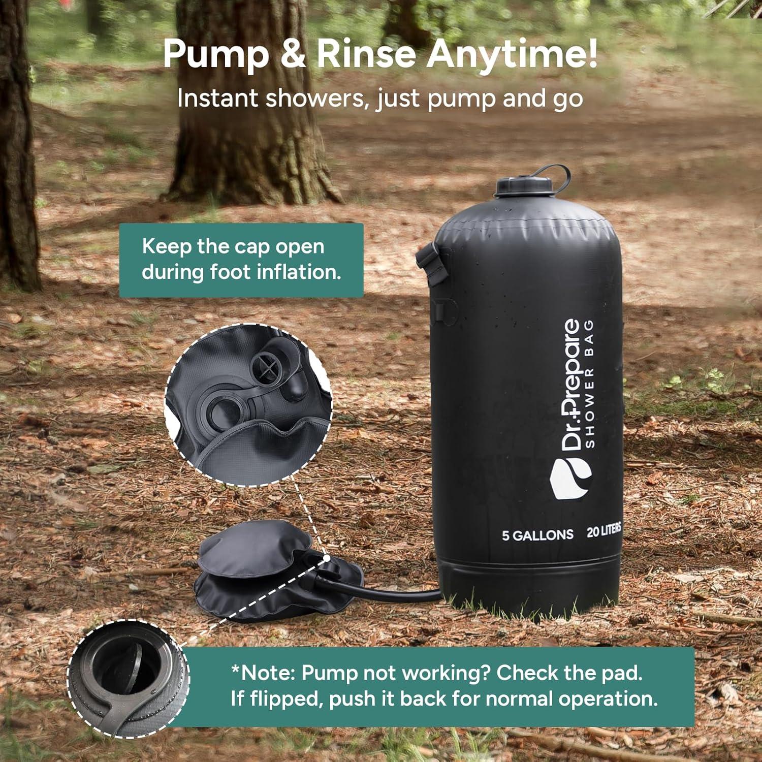Black PVC Portable Camping Shower with Foot Pump, 5 Gallons