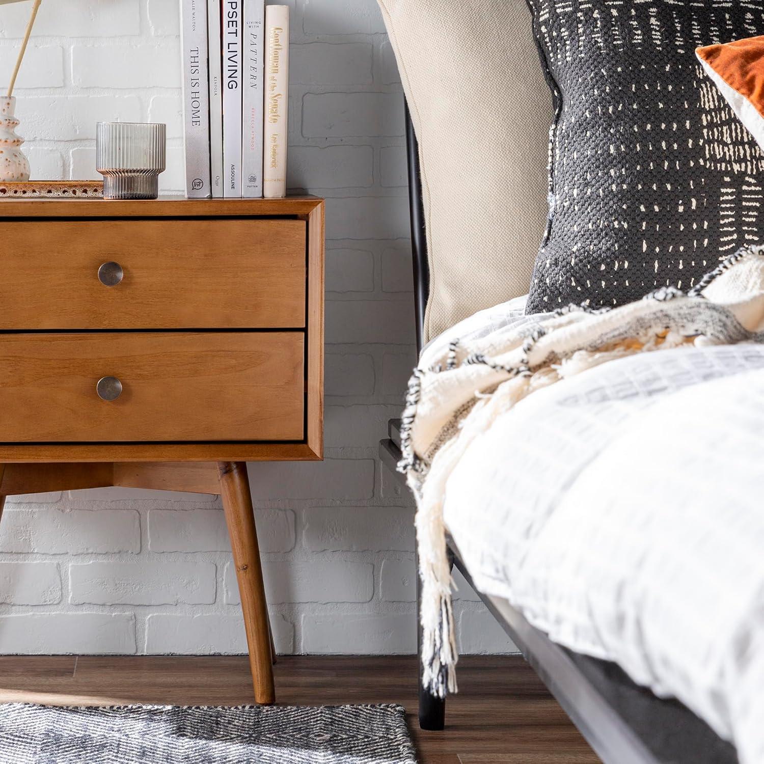 Greenberg 2 Drawer Mid-Century Modern Solid Wood Nightstand Caramel - Saracina Home: Pine, Beveled Edges, Antique-Finish Knobs