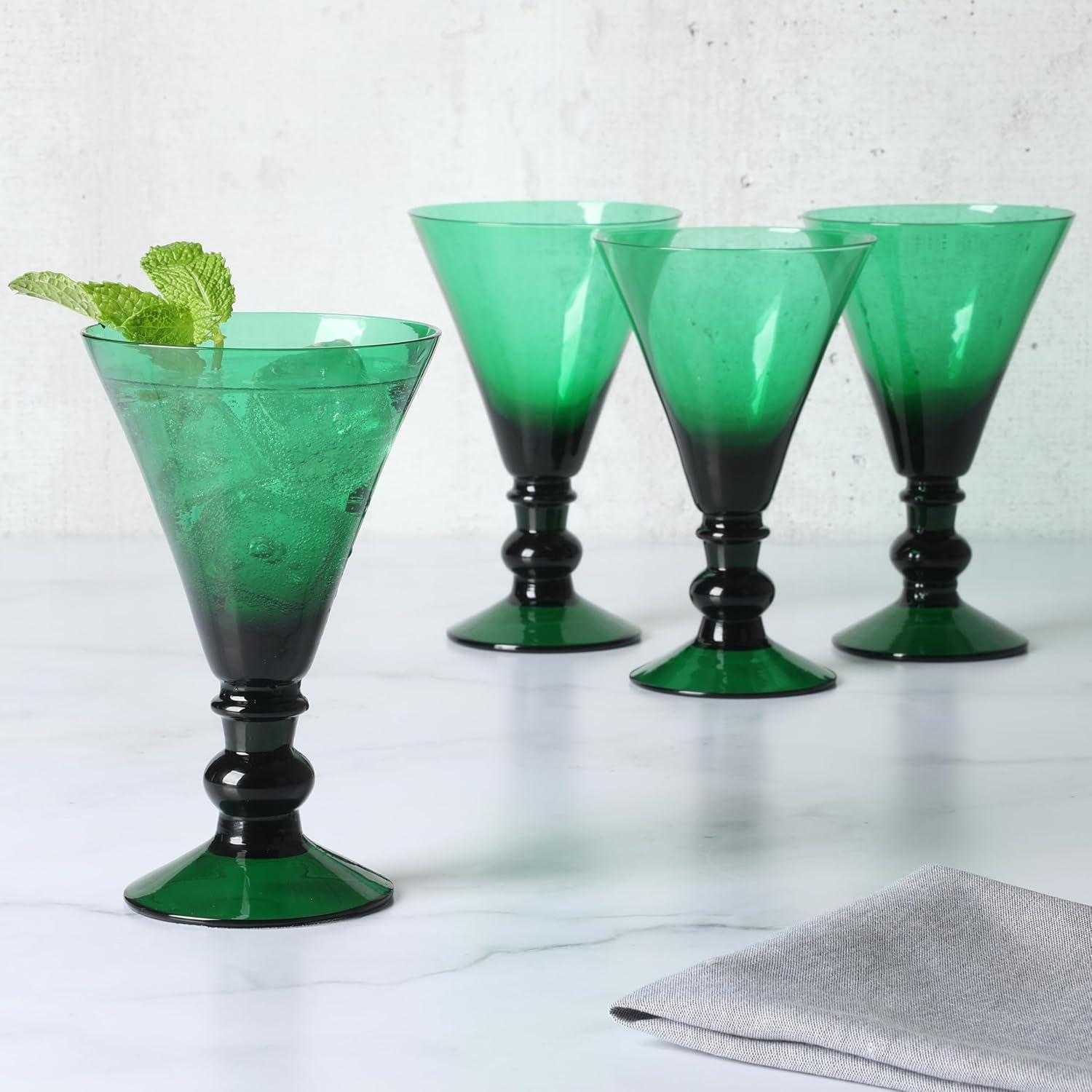 Martha Stewart Crispa 4 Piece 10 Ounce Goblet Martini Handmade Glassware - Jade Green