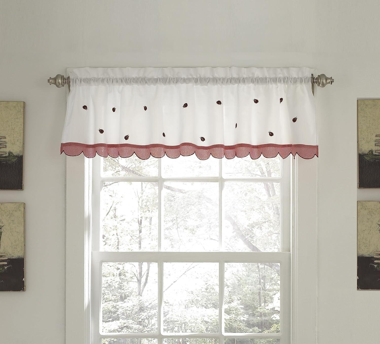 White and Red Floral Ladybug Rod Pocket Valance