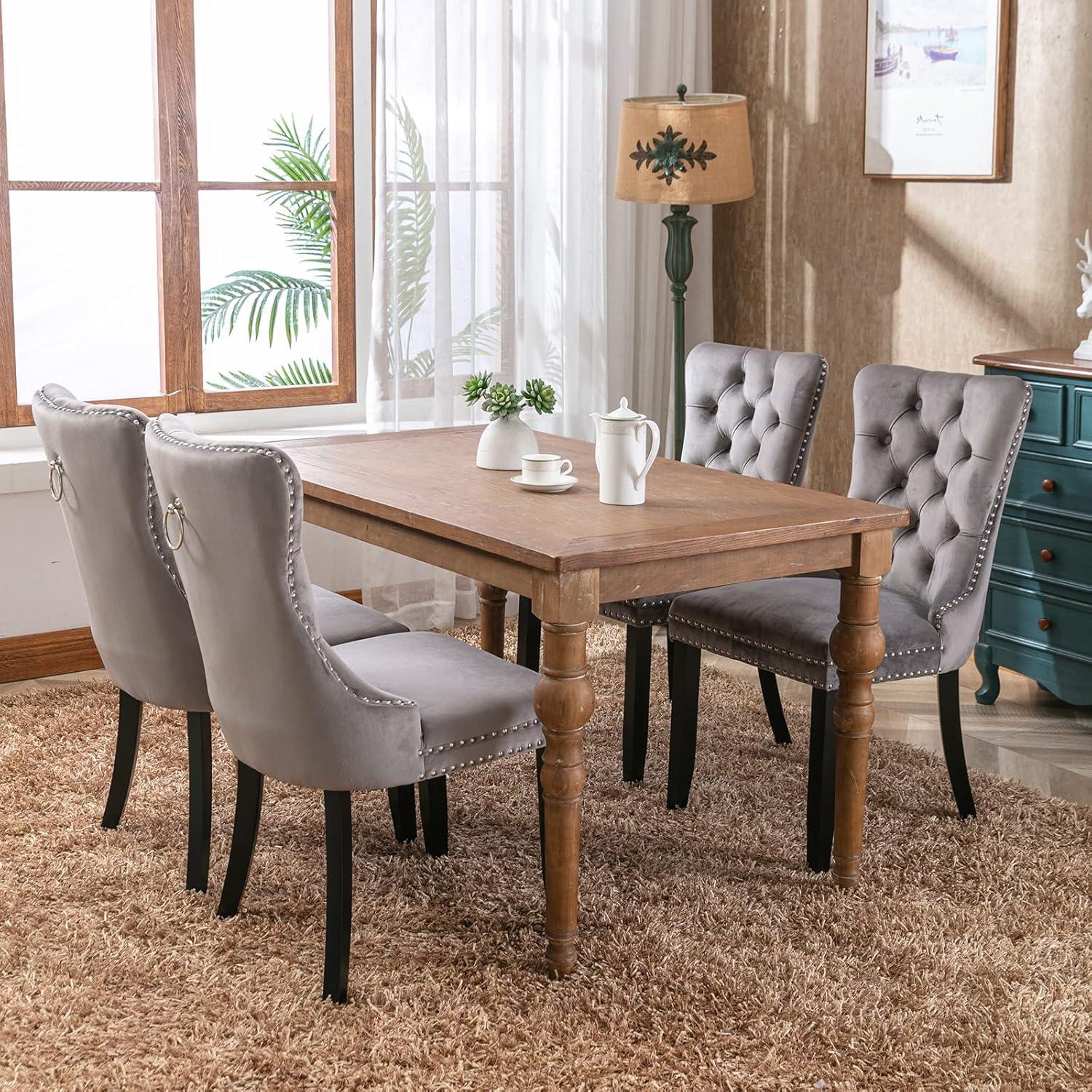Modern Velvet Upholstered Dining Chairs with Back Button Nailhead Trim Accent Side Chairs with Wood Legs for Kitchen Dining Room(Gray,Set of 4)