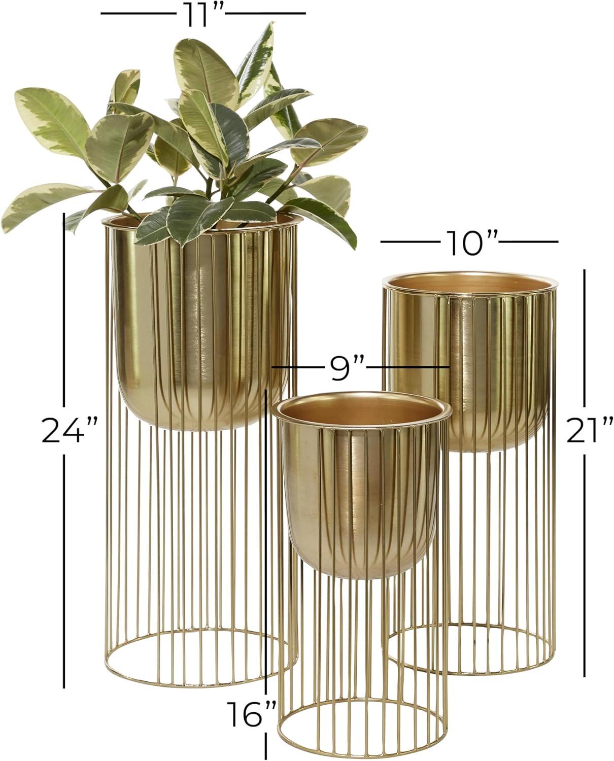 DecMode 24", 20", 16"H Deep Recessed Dome Gold Metal Planter with Elevated Caged Stand (3 Count)