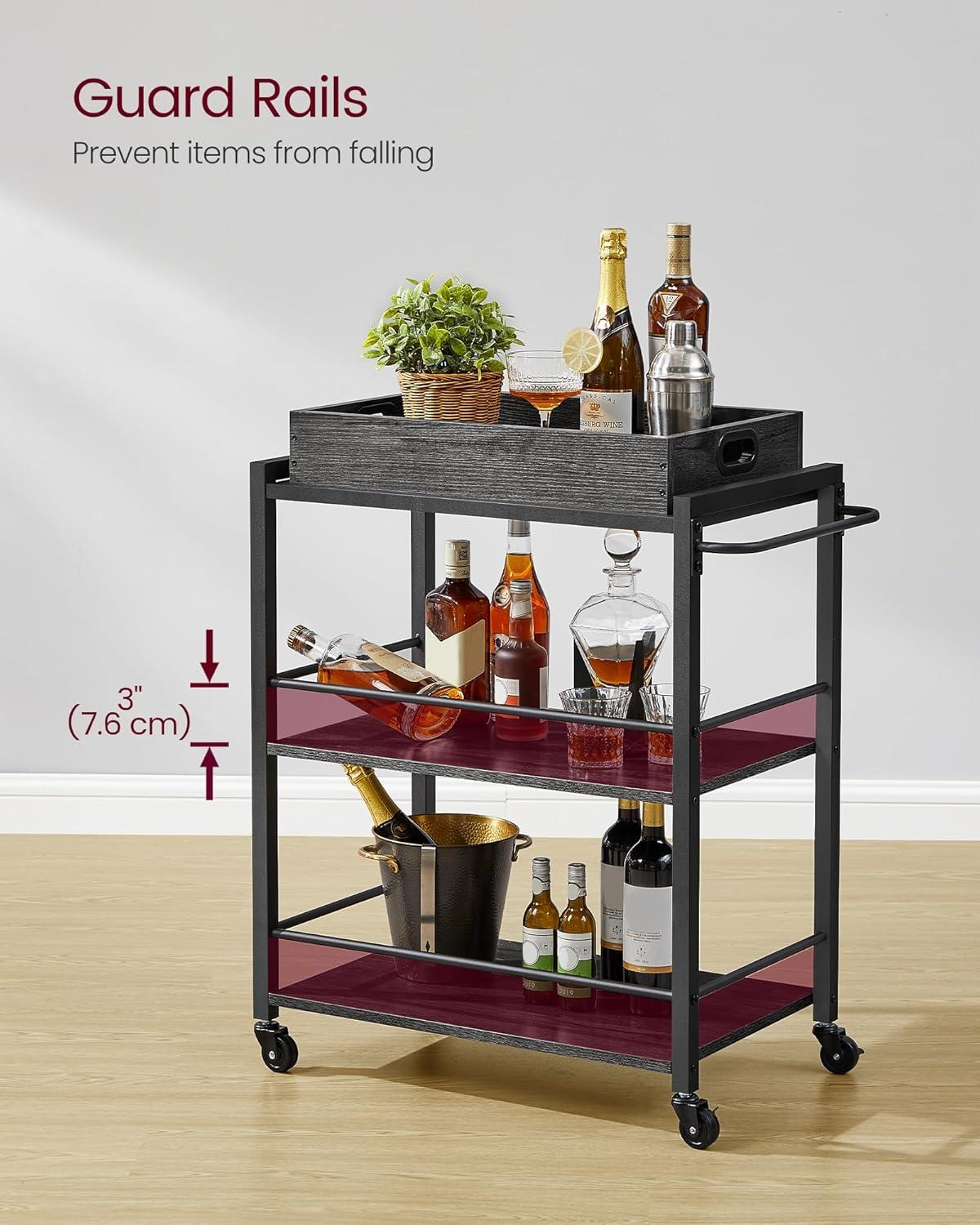 VASAGLE 3-Tier Bar Cart, Home Serving Cart with Removable Tray and Storage Shelves, Gray and Black