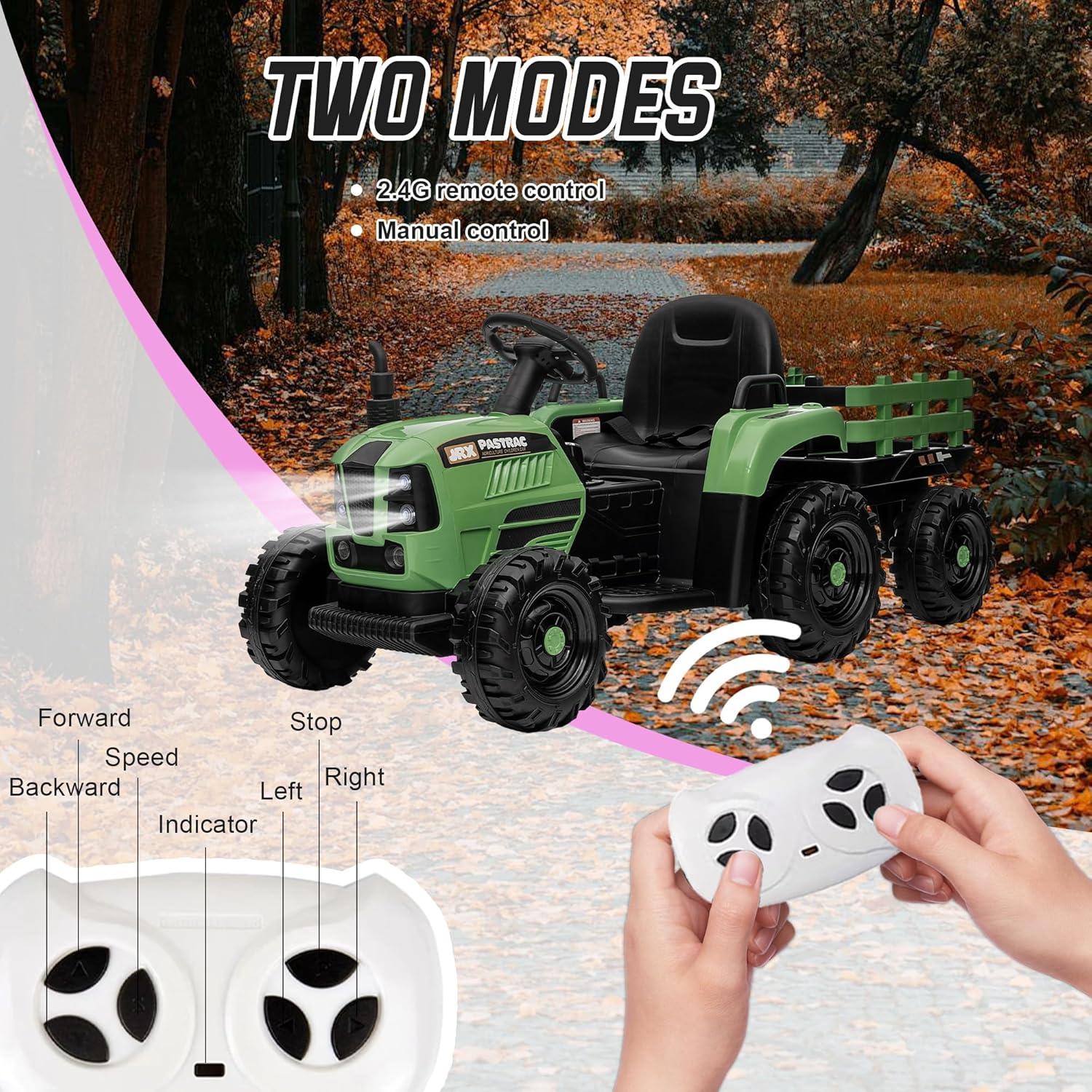 24V 400W Powered Electric Tractor for Kids, 3-Speed Ride On Tractor with Remote Control, USB/MP3/Bluetooth, LED Lights, Safety Belt, 1.86-4.97 MPH，Green