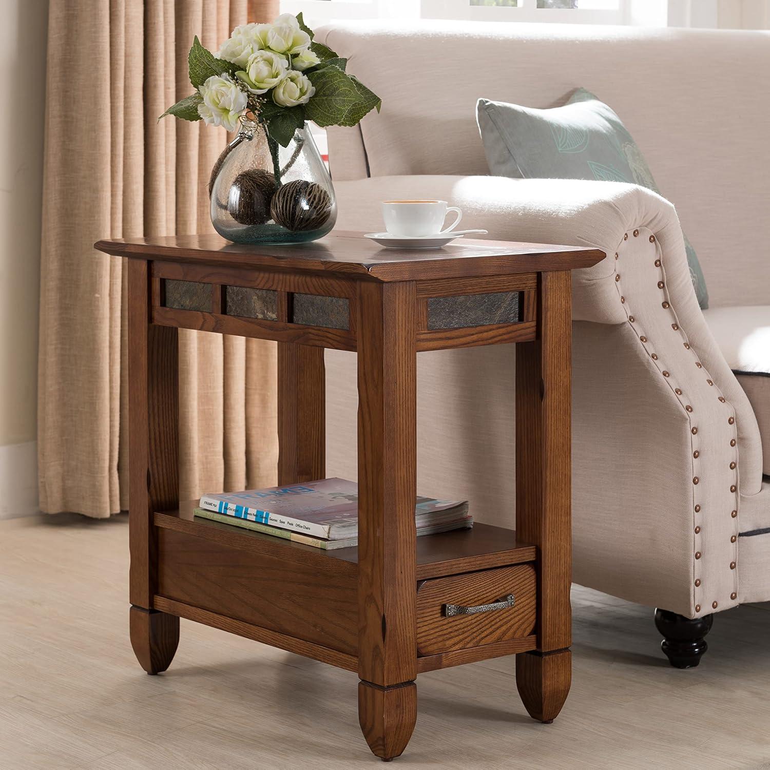 Rustic Oak and Slatestone Square Chairside End Table