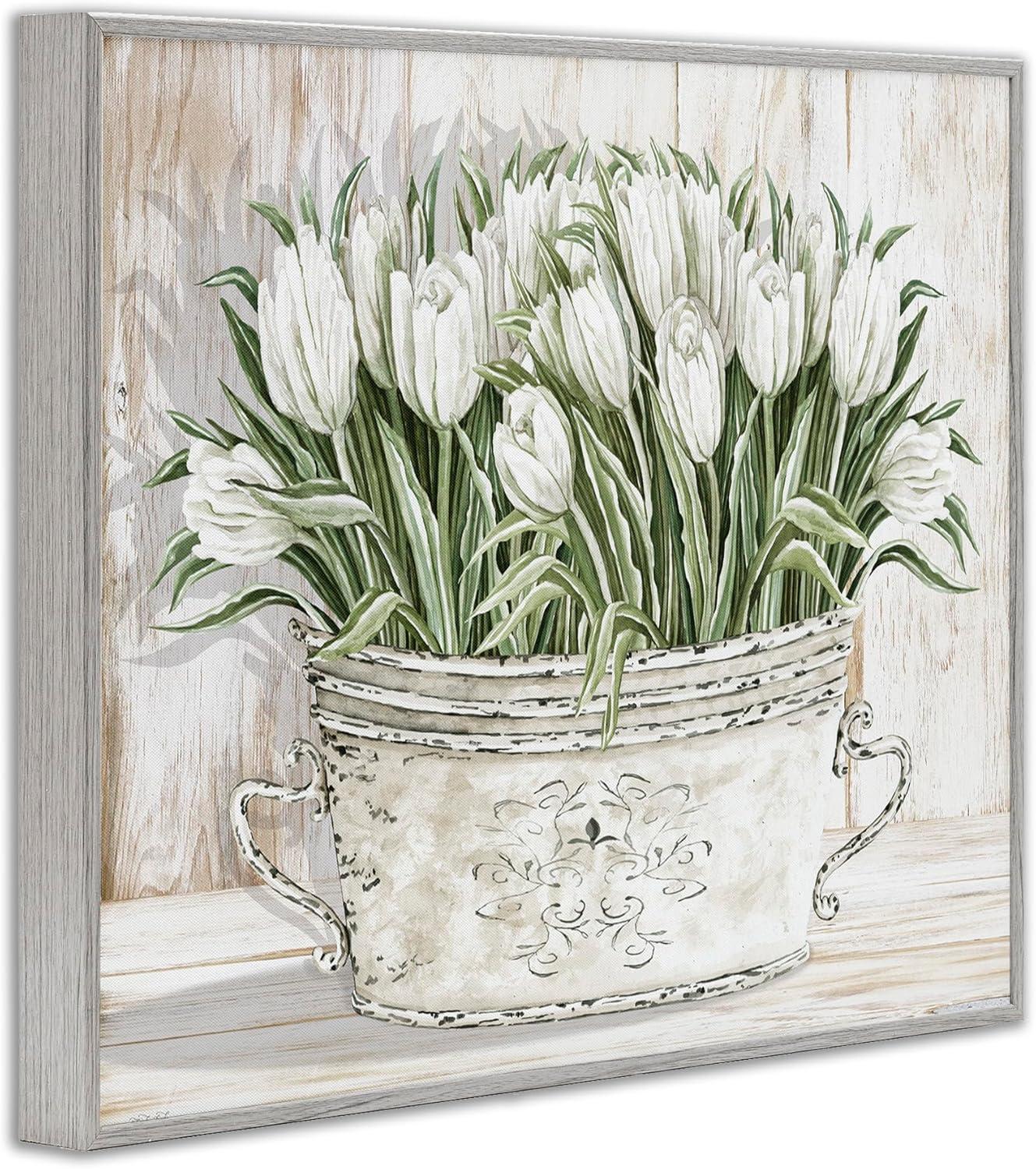 Stupell Industries White Tulip Flowers Fresh Vintage Country Tin Painting Framed Giclee Texturized Art by Cindy Jacobs