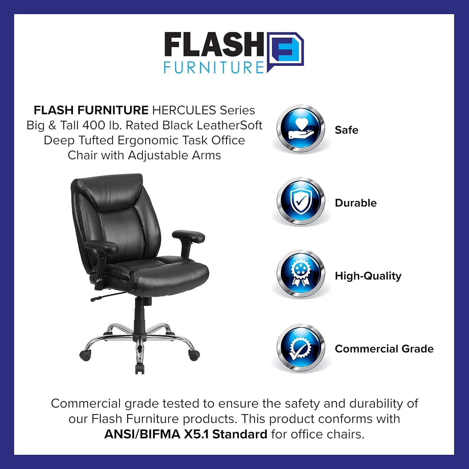 Flash Furniture HERCULES Series Big & Tall 400 lb. Rated Black LeatherSoft Deep Tufted Ergonomic Task Office Chair with Adjustable Arms