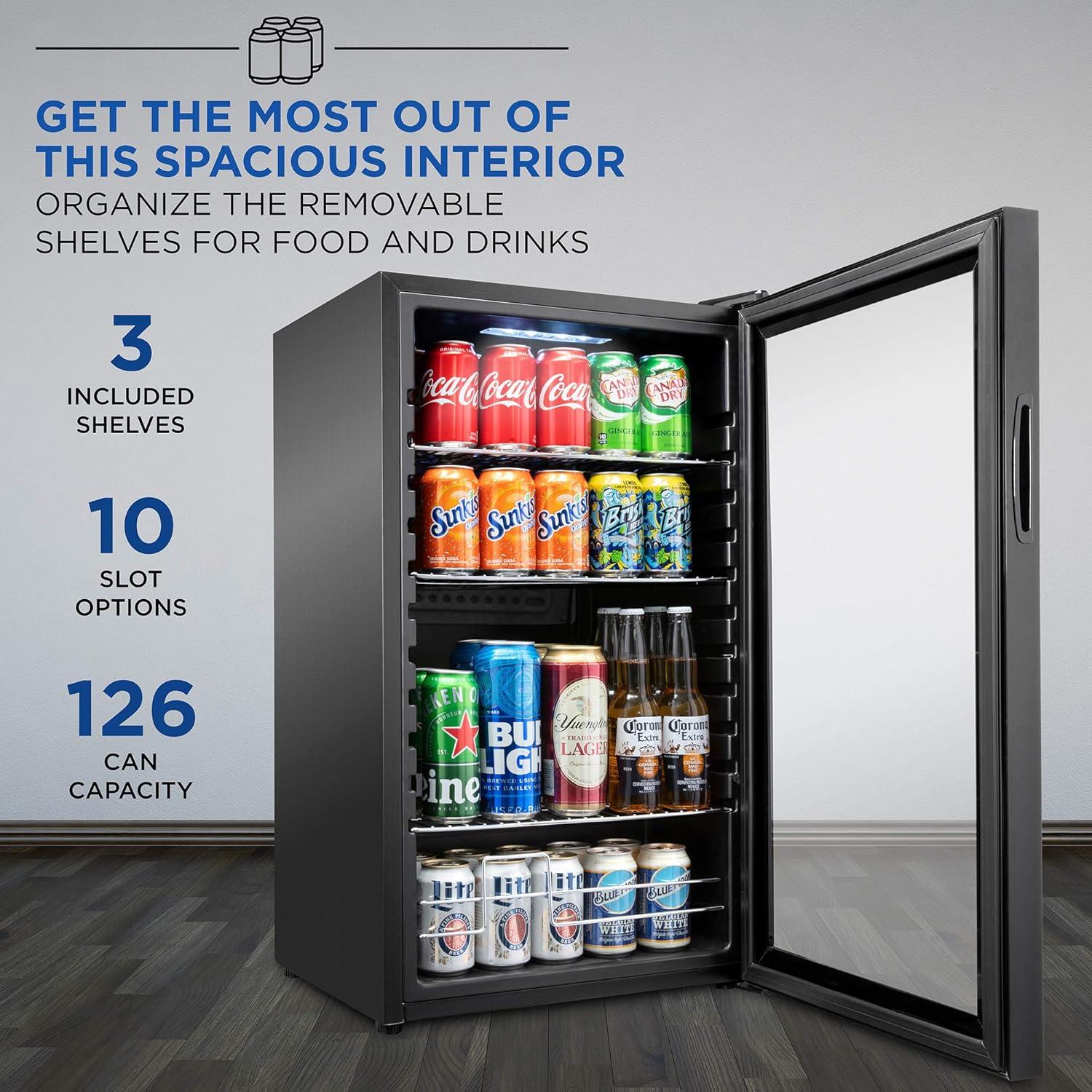 Ivation 126 Can Beverage Refrigerator, Freestanding Mini Fridge with Glass Door - Black