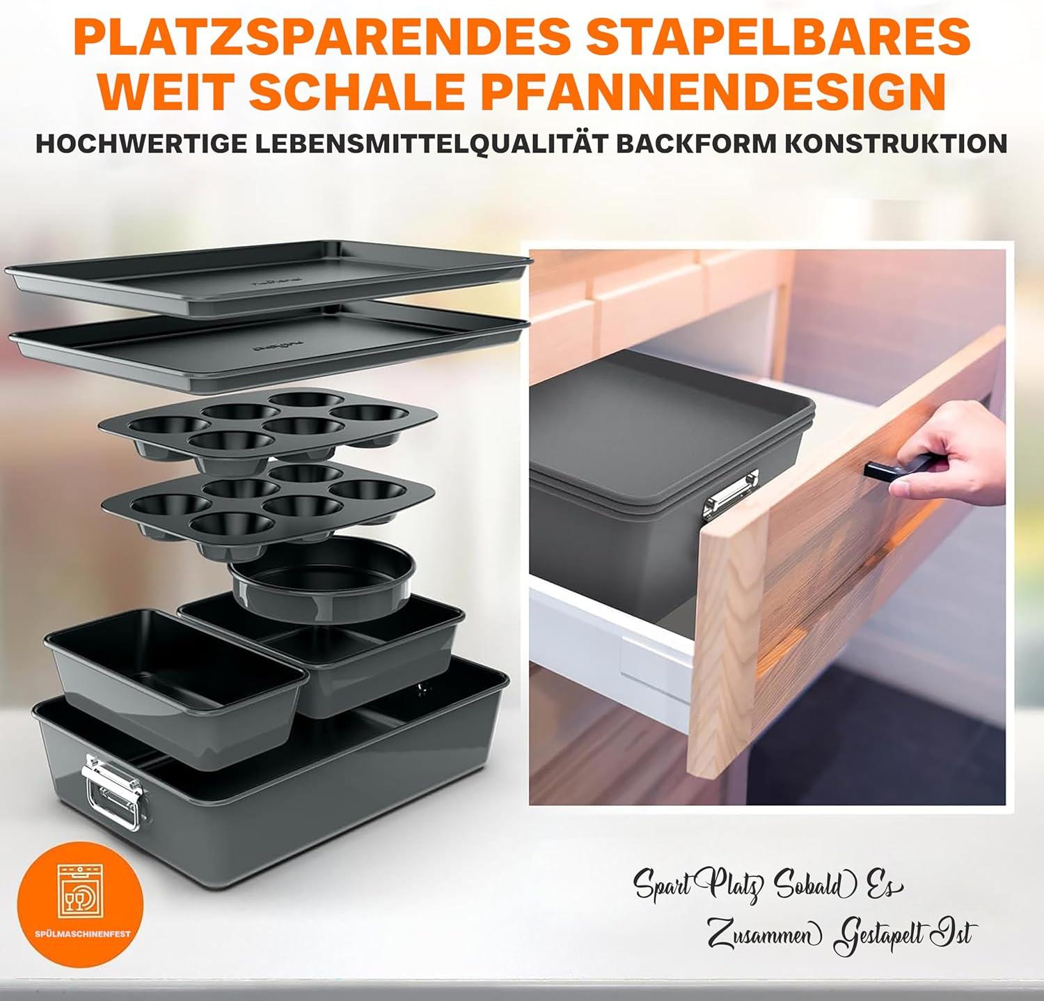 NutriChef 8-Piece Nonstick Stackable Bakeware Set - Pfoa, Pfos, Ptfe Free Baking Tray Set W/ Non-Stick Coating, 450°F Oven Safe, Round Cake, Loaf, Muffin, Wide/Square Pans, Cookie Sheet