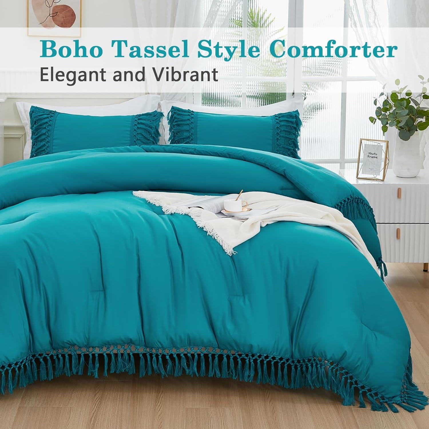 Turquoise King Boho Tassel Comforter Set with Pillowcases