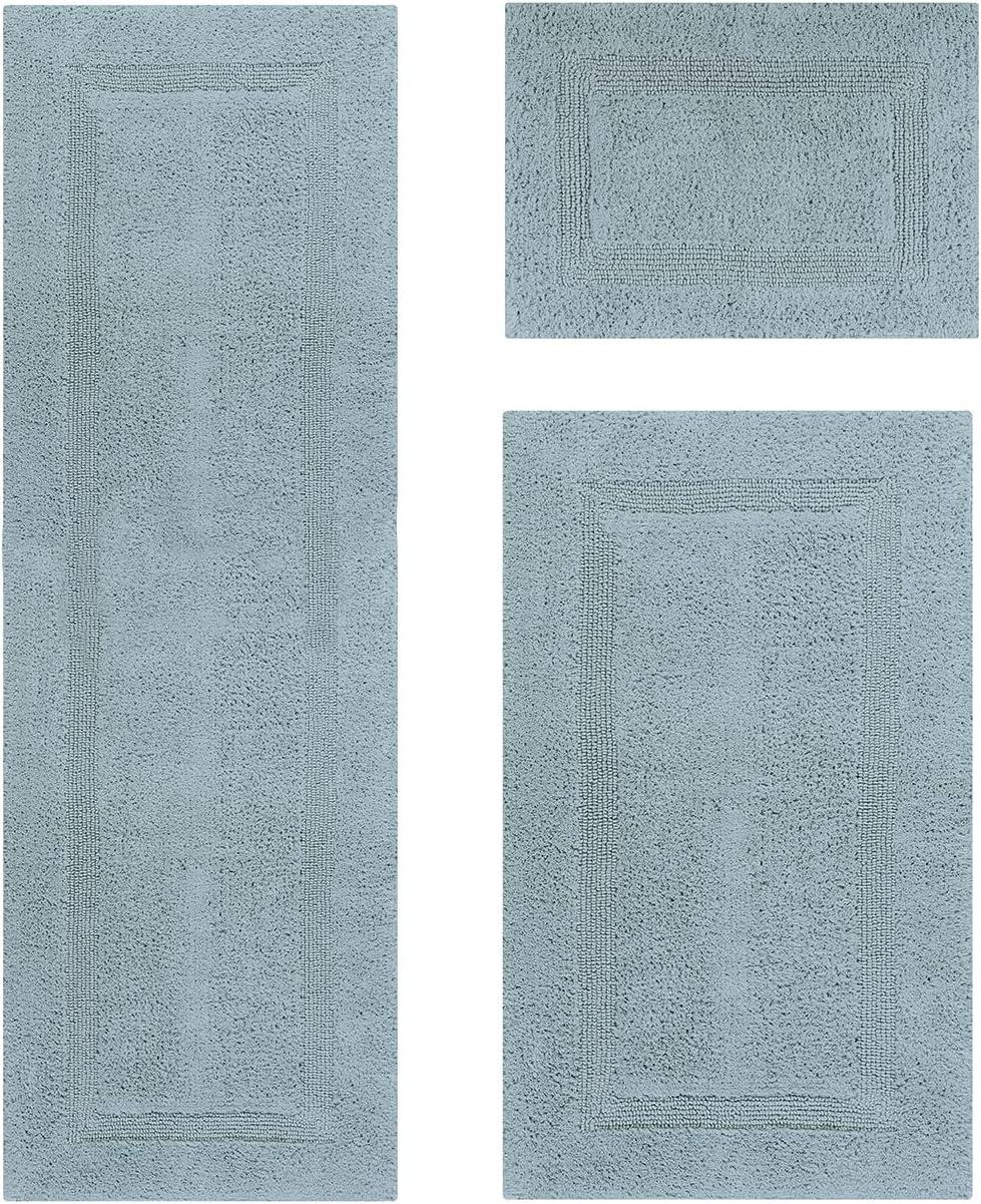 Better Trends Lux 100% Cotton Tufted Solid Reversible Bath Rug Set 3 PC (17" x 24" | 24" x 40" | 20" x 60") - Blue