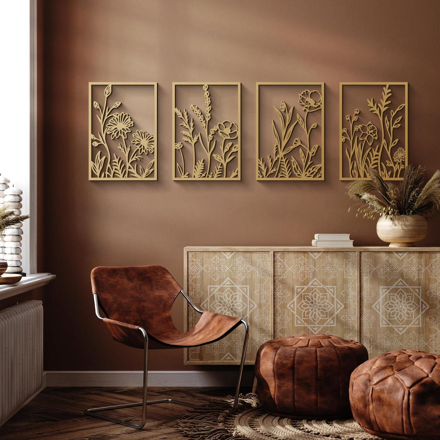 Winston Porter 4 Pcs Black Abstract Flowers Metal Wall Art, 17 X 12'' Minimalist Floral Single Line Wall Décor, 3D Textured Sculptures, Rustic Nature Wall Art Décor For Living Room, Bedroom, Study (Set of 4)