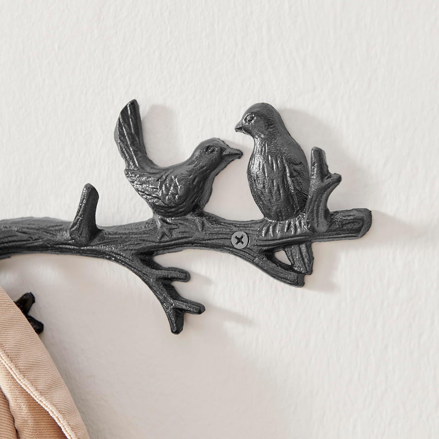 Danya B. Dark Brown Cast Iron Birds on Tree Branch Decorative Wall Sculpture Utility Hook Unit with 4 Hooks