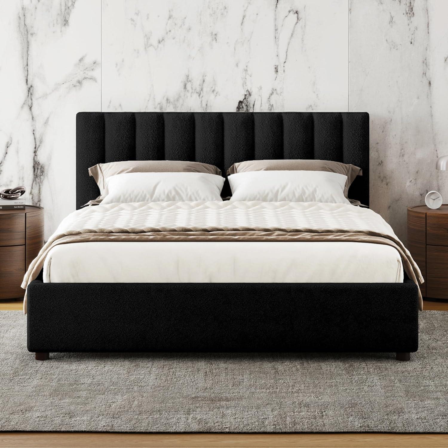 Omax Decor Jaxon Upholstered Platform Queen Bed in White Boucle Fabric