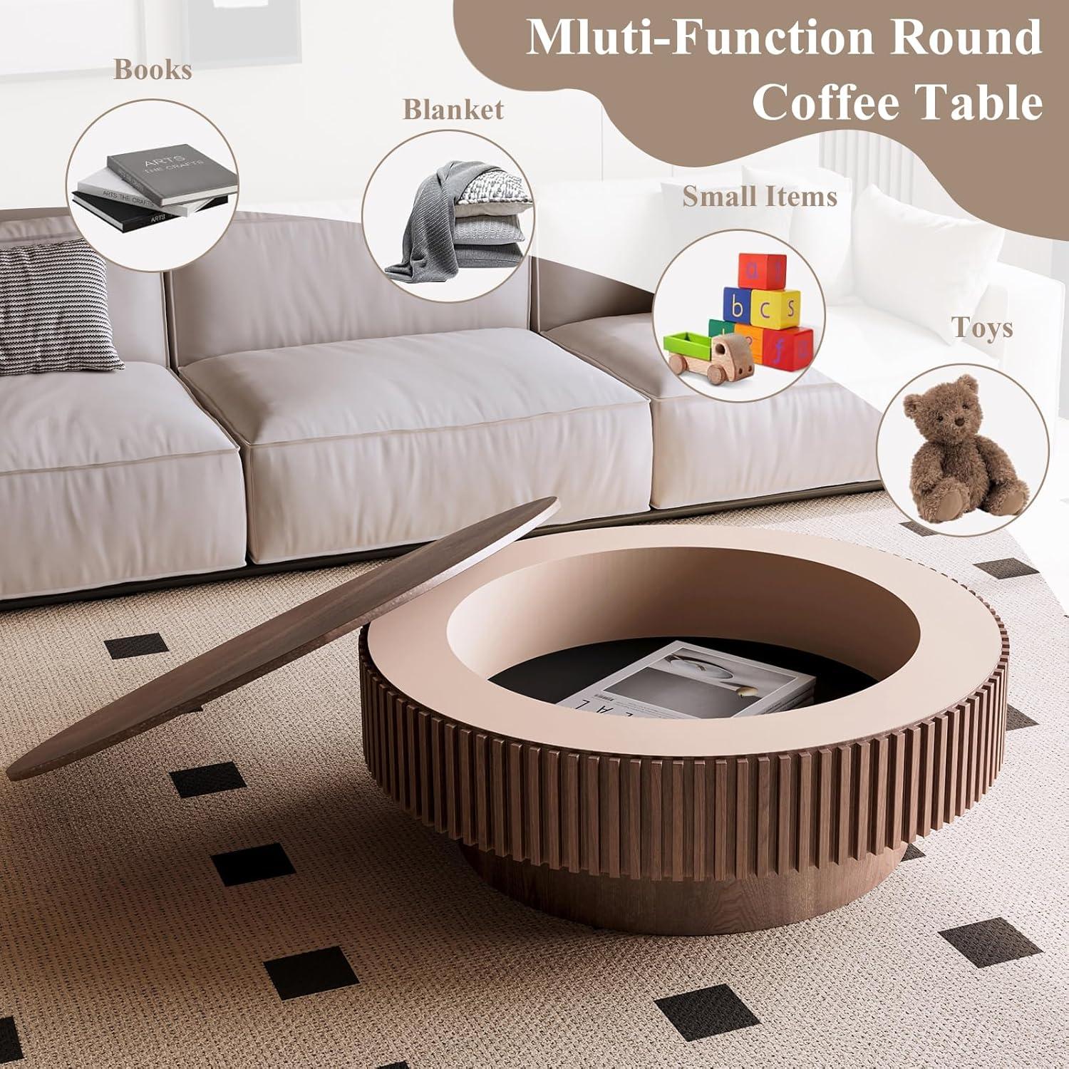 31.5" Round Wood Coffee Table with Storage - Modern Drum Circle Fluted Side Table for Apartment, Office - Easy Assembly, Walnut
