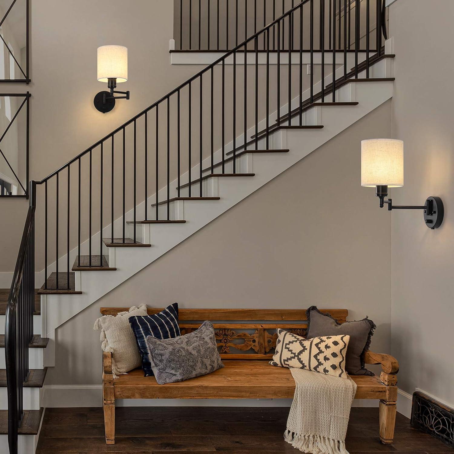 CADUKE Plug in Wall Light Set of 2, Swing Arm Wall Lamps, Modern Bedroom Wall Sconce Fixtures with Linen Lampshade for Reading Hallway Living Room