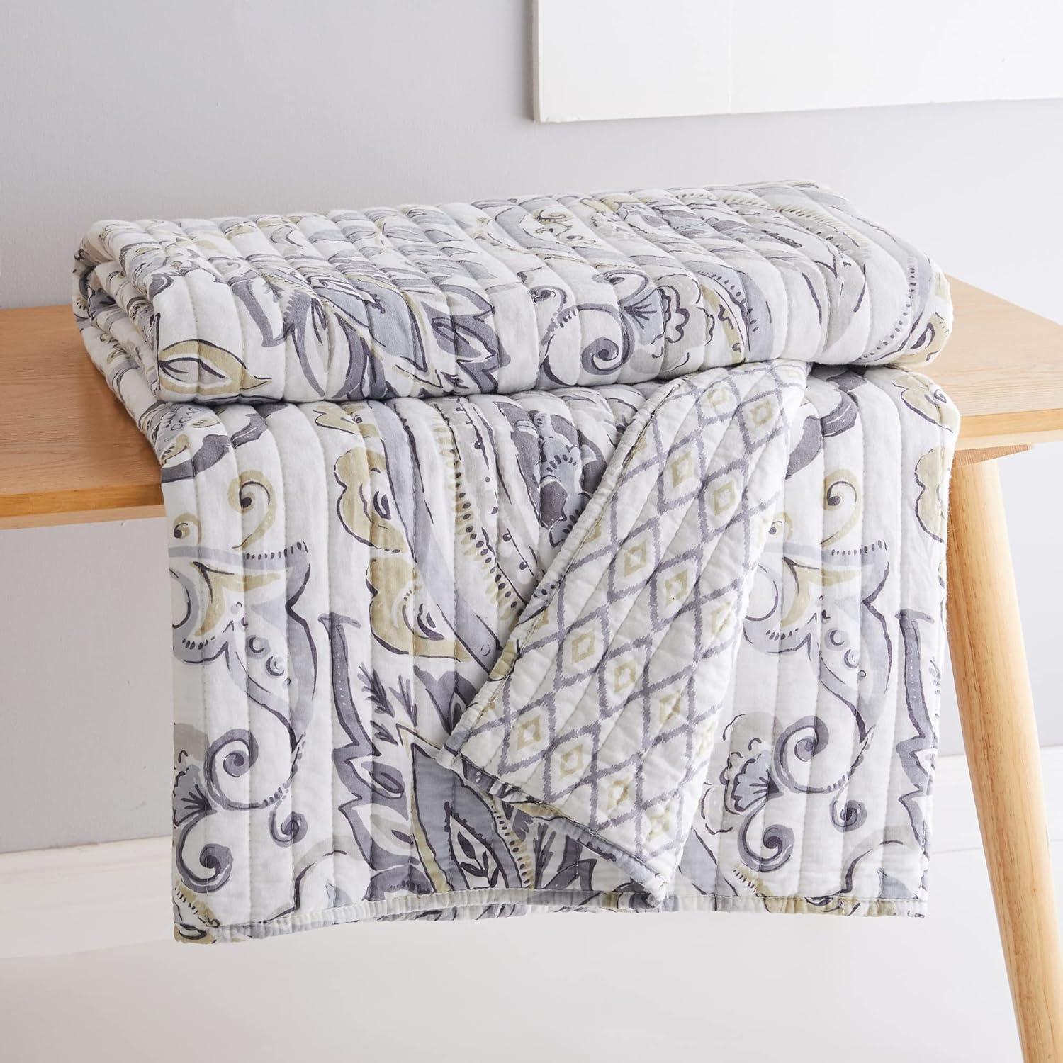 Levtex Home - Tamsin Grey - Throw - intricate paisley design - Quilt (50x60in.) and Sham 50x60in. - Cotton/Cotton