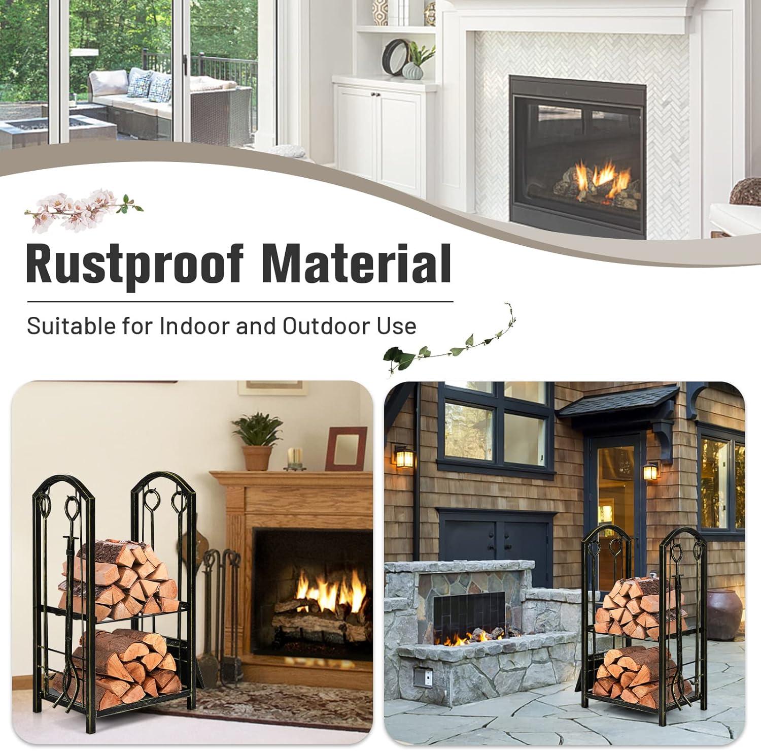 Kadyn Fire Wood Storage Racks, Firewood Holder,Firewood Frame,Firewood Shelf,Fireplace Log Rack with 4 Pieces Fireplace Tools-Bronze