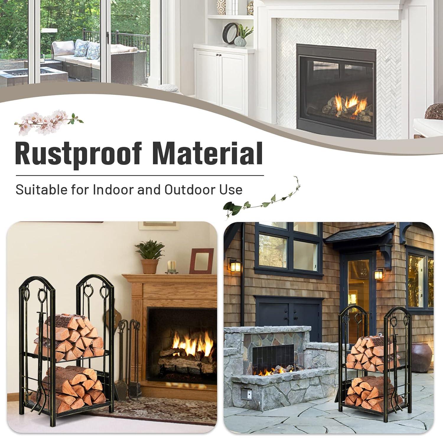 Kadyn Fire Wood Storage Racks, Firewood Holder,Firewood Frame,Firewood Shelf,Fireplace Log Rack with 4 Pieces Fireplace Tools-Bronze