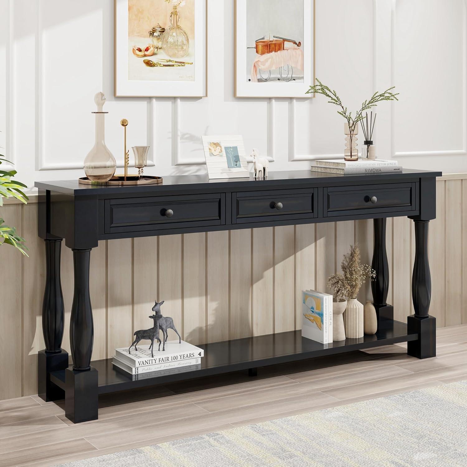 merax LUMISOL 64 inch Long Console Table with 3 Drawers and Bottom Shelf, Sofa Table Entryway Table for Hallway, Living Room, Easy Assembly (Distressed Black)