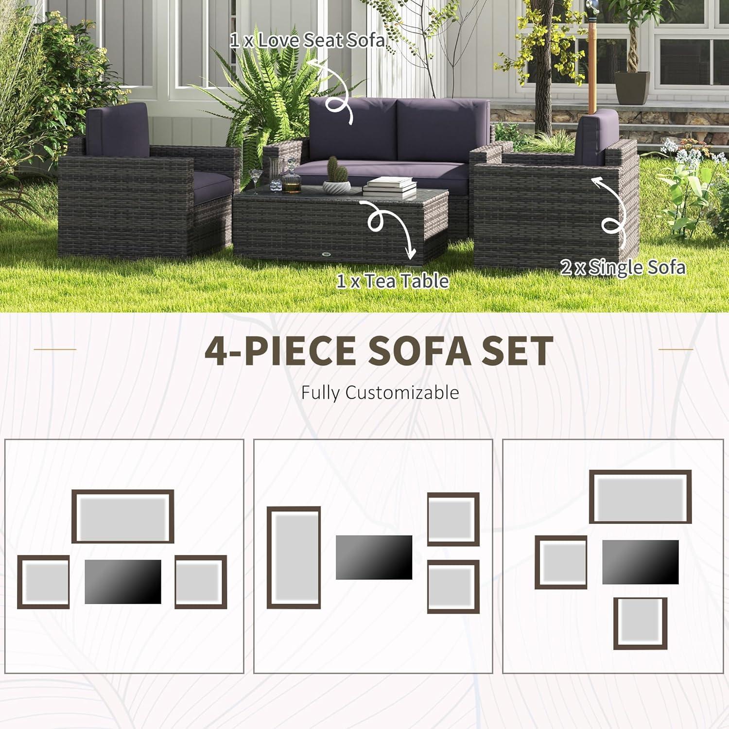 Outsunny 4-Piece Rattan Wicker Furniture Set, Outdoor Cushioned Conversation Furniture with 2 Chairs, Loveseat, and Glass Coffee Table, Gray