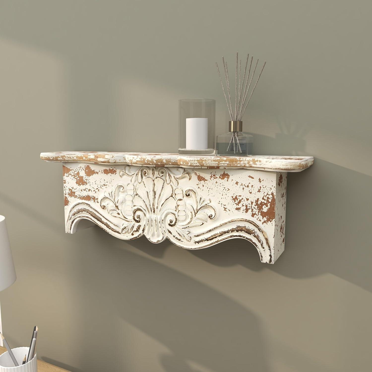 Kelly Clarkson Home Elicia White Wood Scroll Distressed 1 Shelf Room Wall Shelf