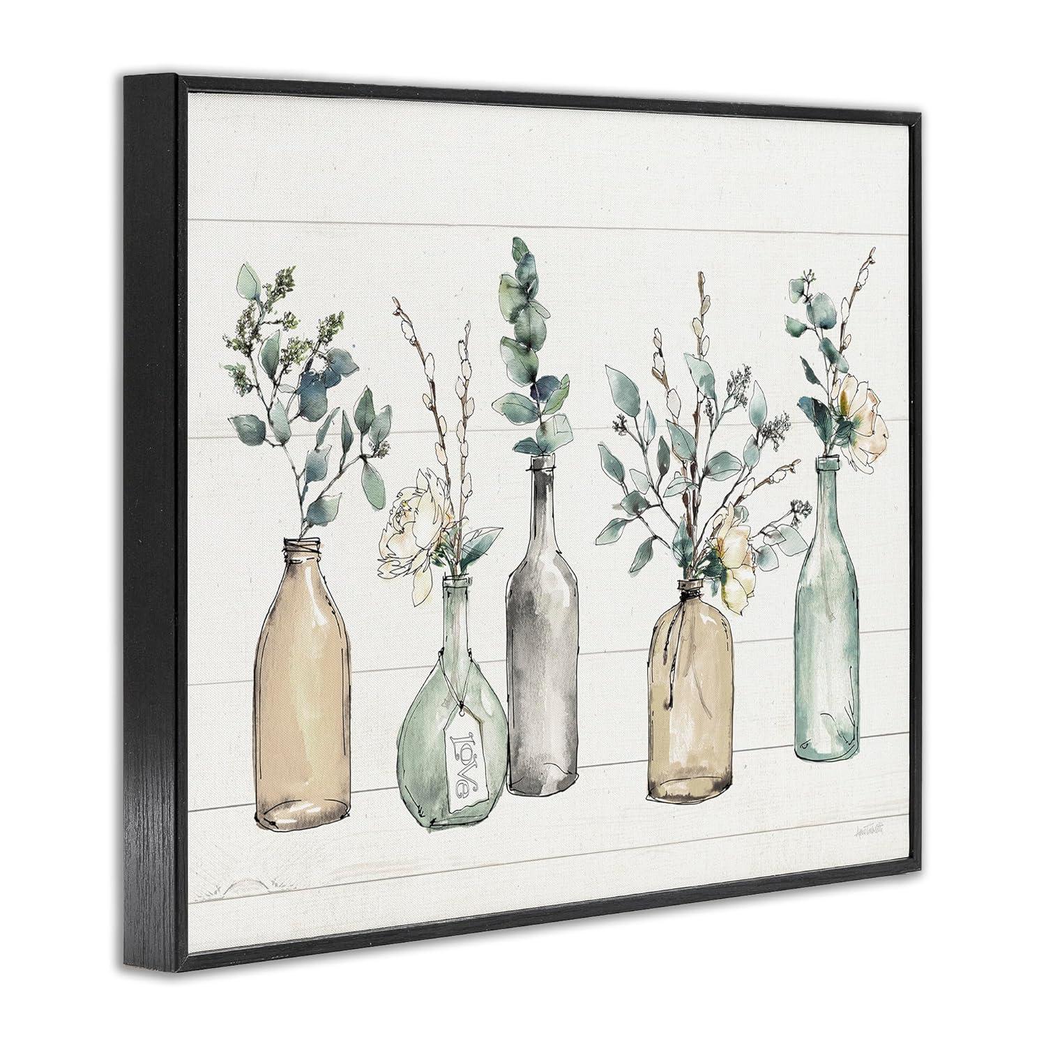 Stupell Industries Bottles And Plants Farm Wood Textured Design Framed Wall Art by Anne Tavoletti, 24" x 30", Black Framed