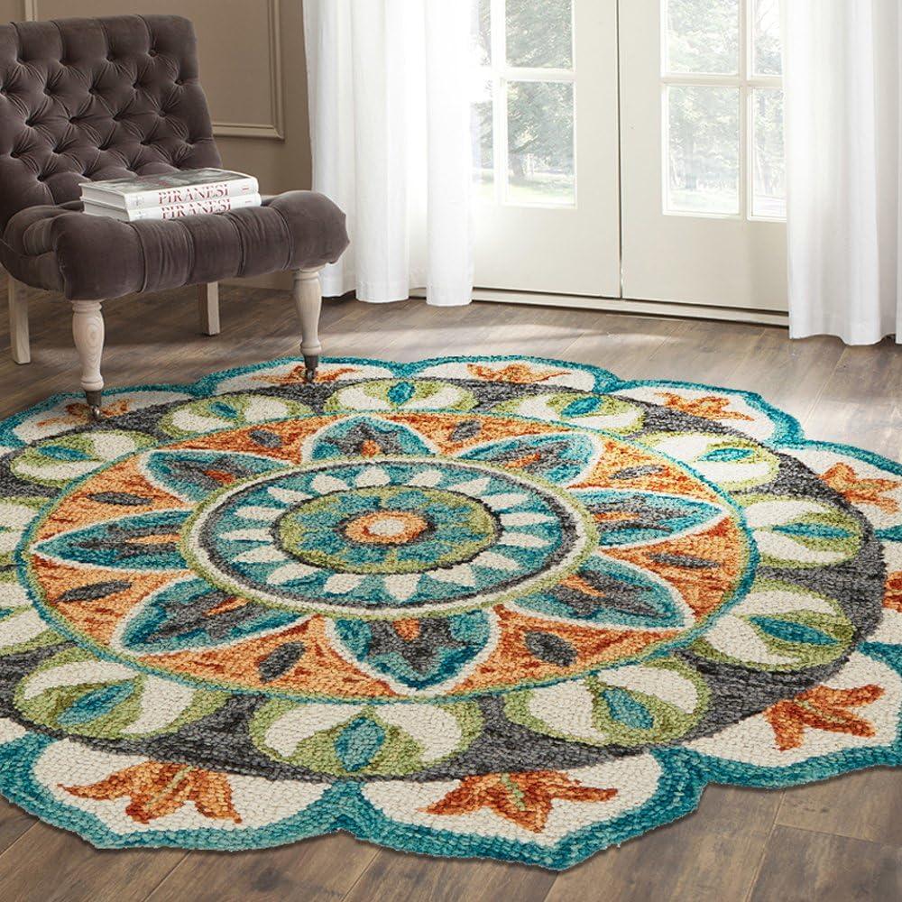 Handmade Floral Medallion Teal & Cream Wool Round Rug, 6' Diameter