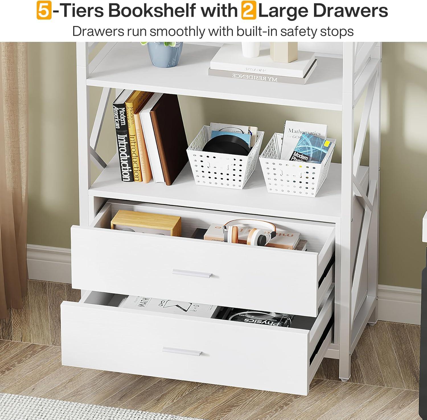 Bookshelf with Drawers, 70.8" Modern Bookcase with 2 Drawers, 5 Shelf Open Shelf for Storage