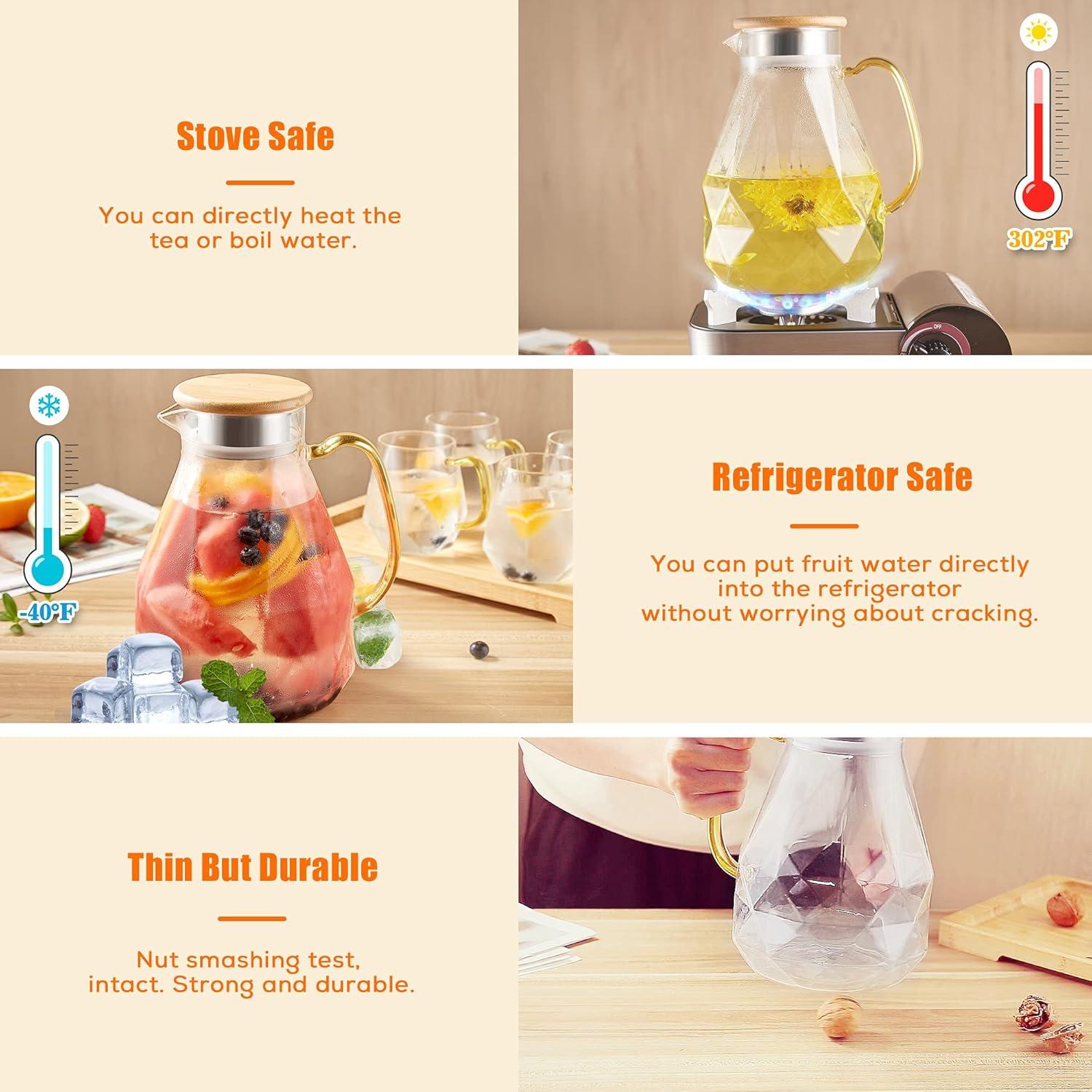 DUJUST Glass Pitcher Set (68 oz) with 4 Cups & 1 Tray, Elegant Diamond Design Water Pitcher with Handle, Durable Glass Jug for Fridge, Glass Carafe for Iced Tea/Juice/Beverage/Coffee/Drinks