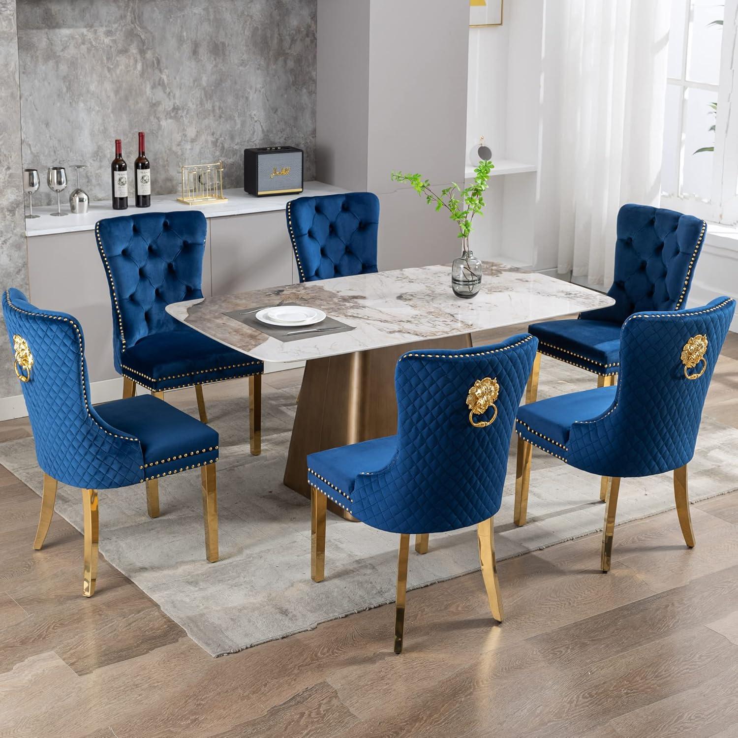 Deep Blue Velvet Upholstered Dining Chairs with Gold Legs, Set of 6