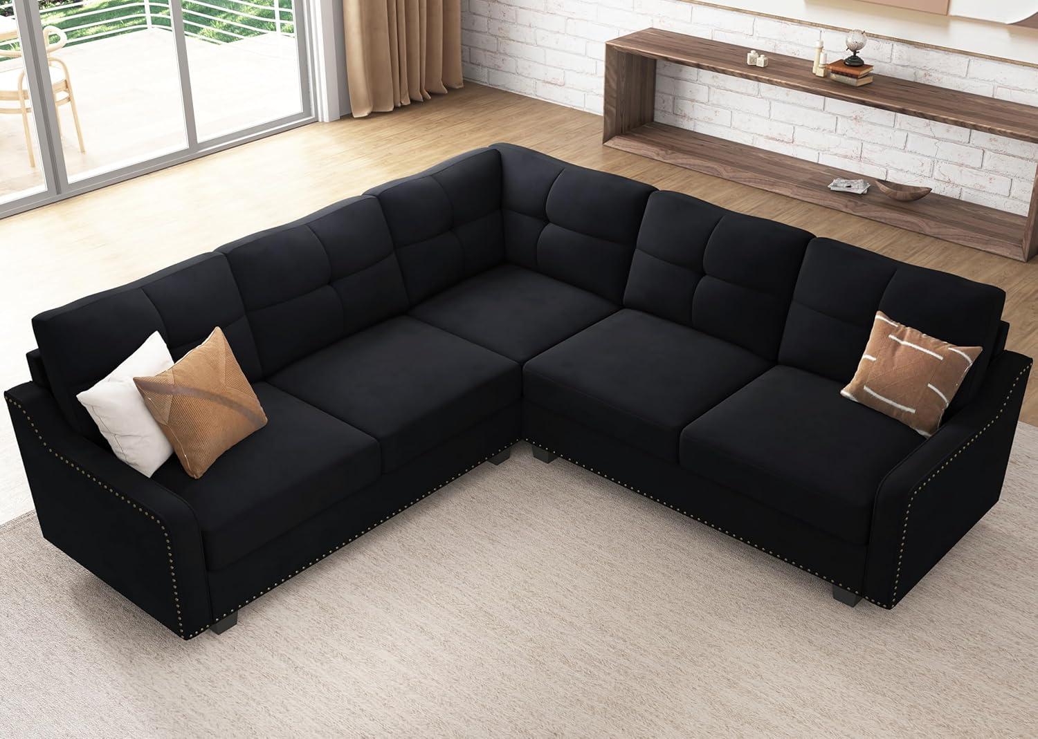 HONBAY Velvet L Shaped Couch Corner Sofa for Living Room Furniture Sets in Green