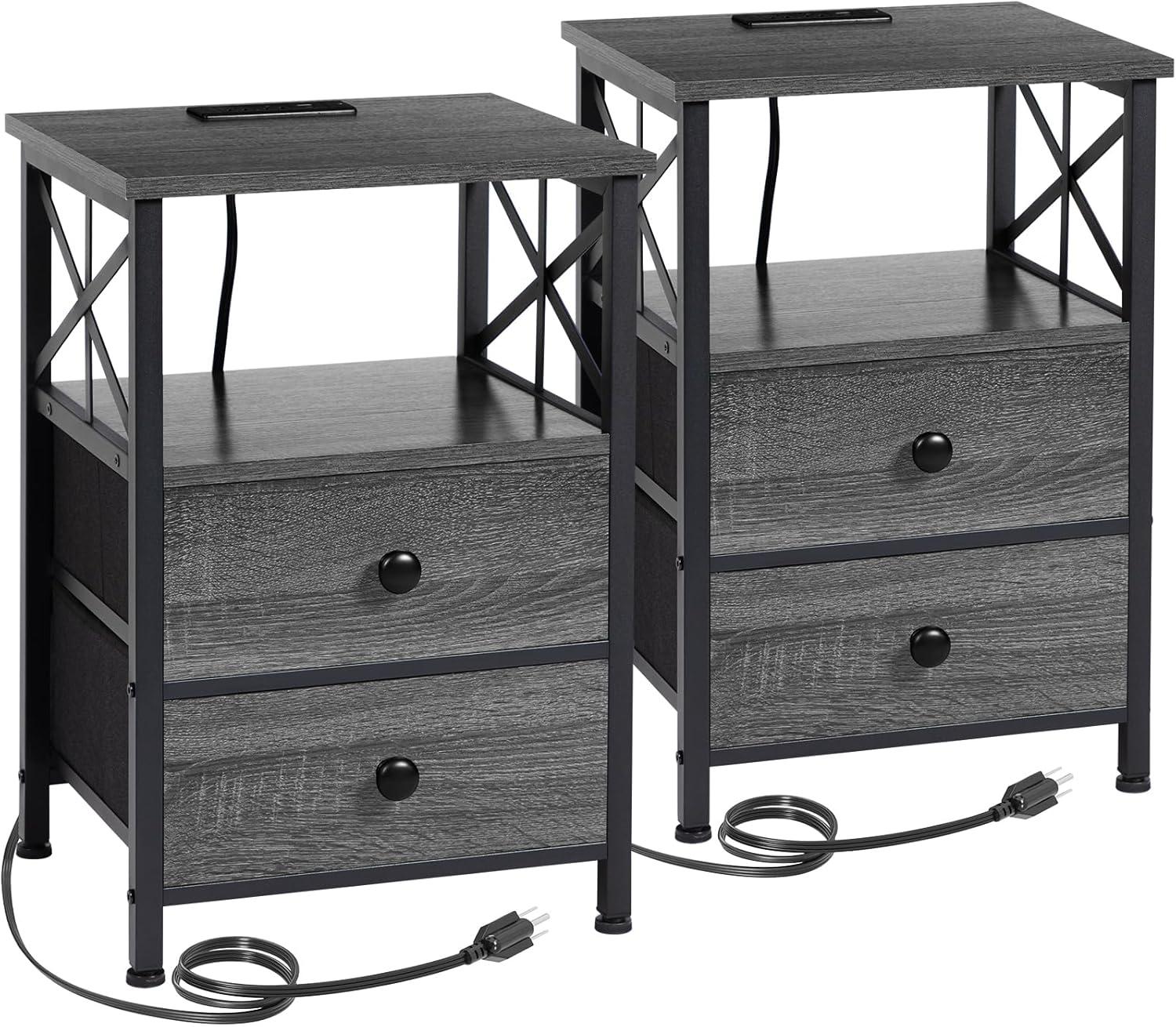 Dark Gray Metal Frame Nightstand Set with Charging Station