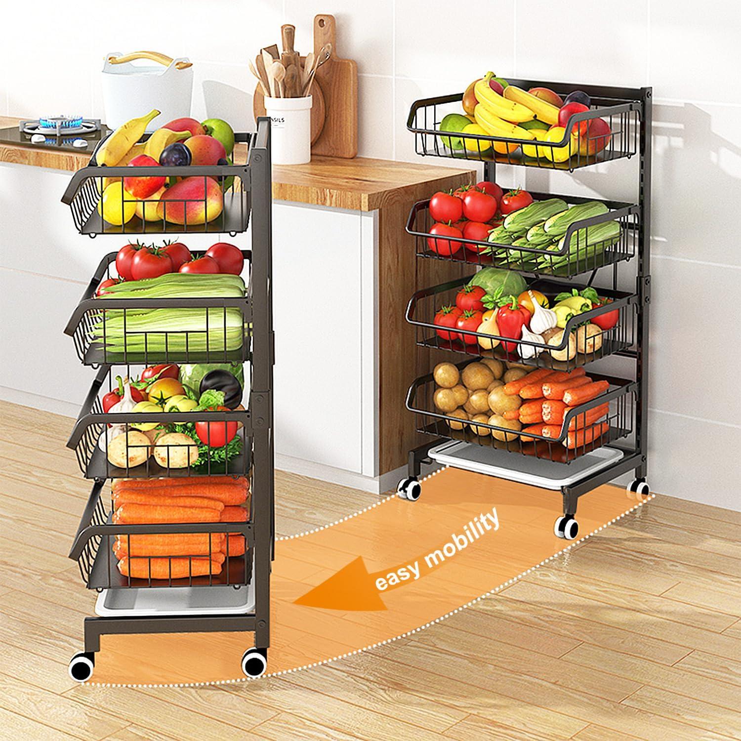 Sensch 4 Tier Fruit Basket Kitchen Organizers and Storage-Wooden Top Table, Rolling Utility Storage Cart, Black